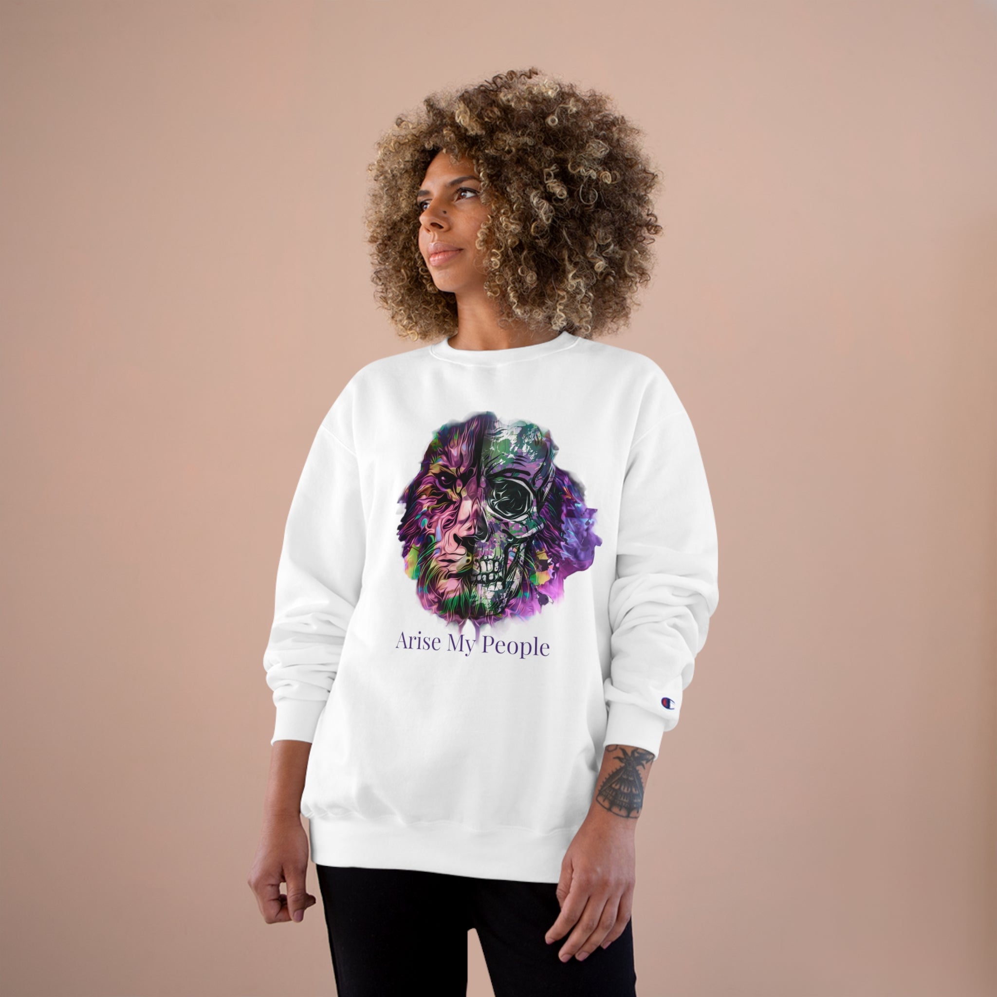 EZEKIEL 37 &quot;Arise My People&quot; Lion/Skull Face Design Image- Unisex Champion Sweatshirt W/ Back Side Kngdom Logo