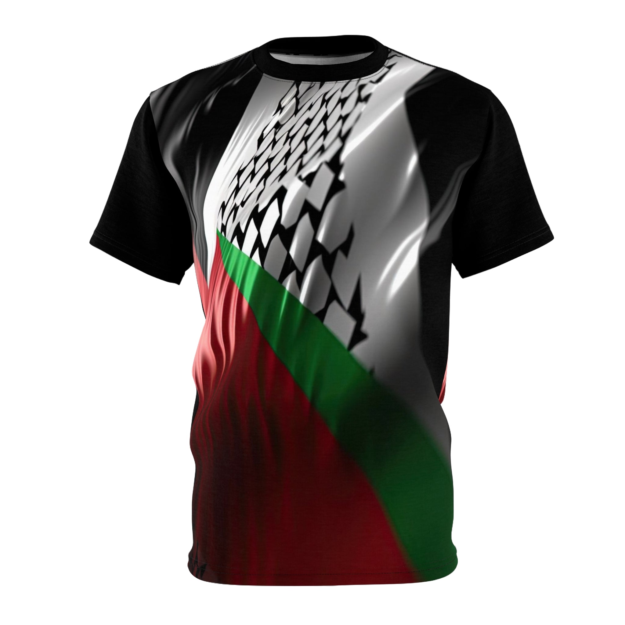 Keffiyeh World &quot;Palestine Flag&quot;- Unisex Cut &amp; Sew Tee W/ Blk Kngdom Logo