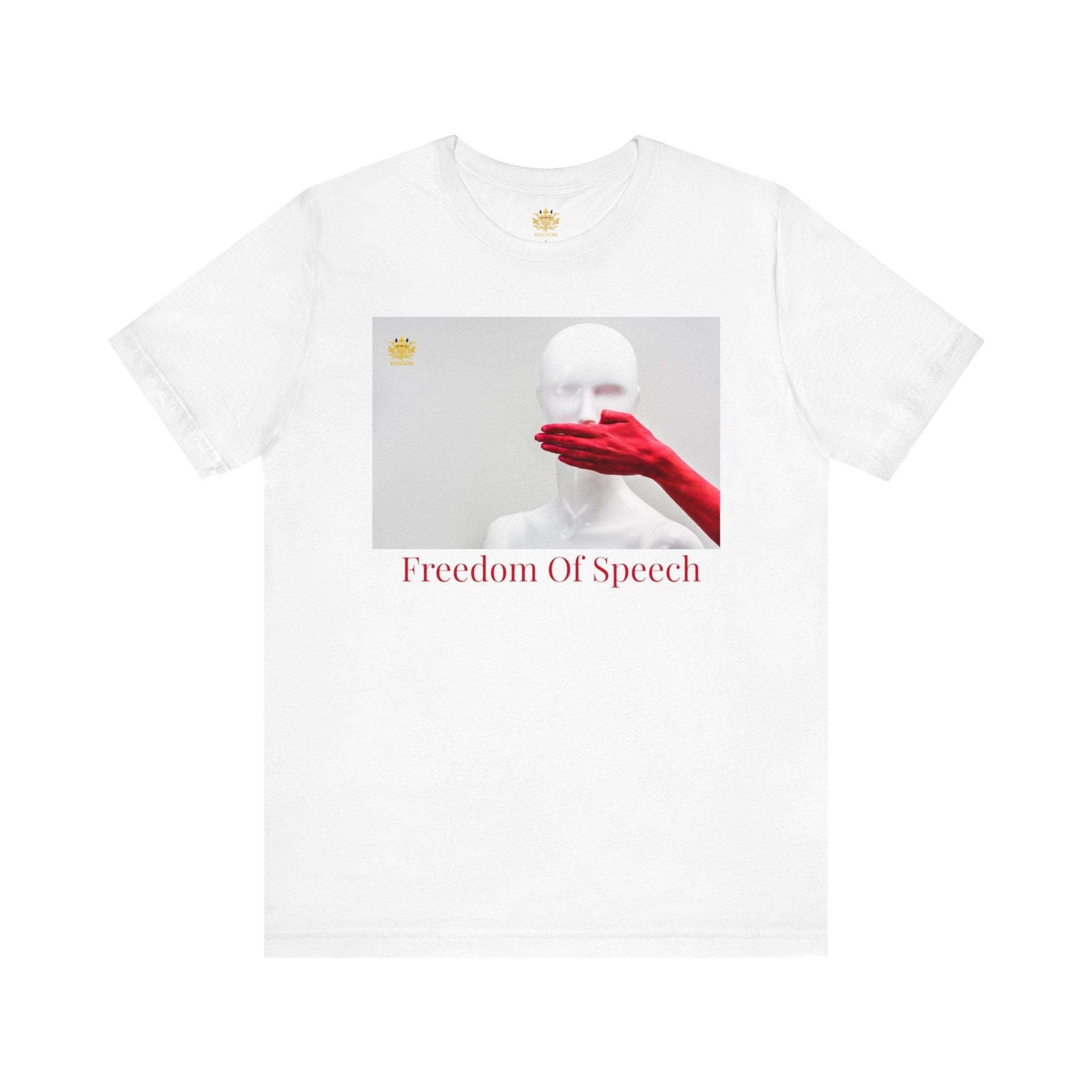 WE ARE AMERICA &quot; Freedom of Speech&quot; (THE BLOOD OF THE MARTYRS) - Unisex Jersey Short Sleeve Tee W/&quot;Hand Over Mouth&quot; Design Image W/ Red &quot;Freedom Of Speech&quot; Letter Print/Back-Side Kngdom Logo