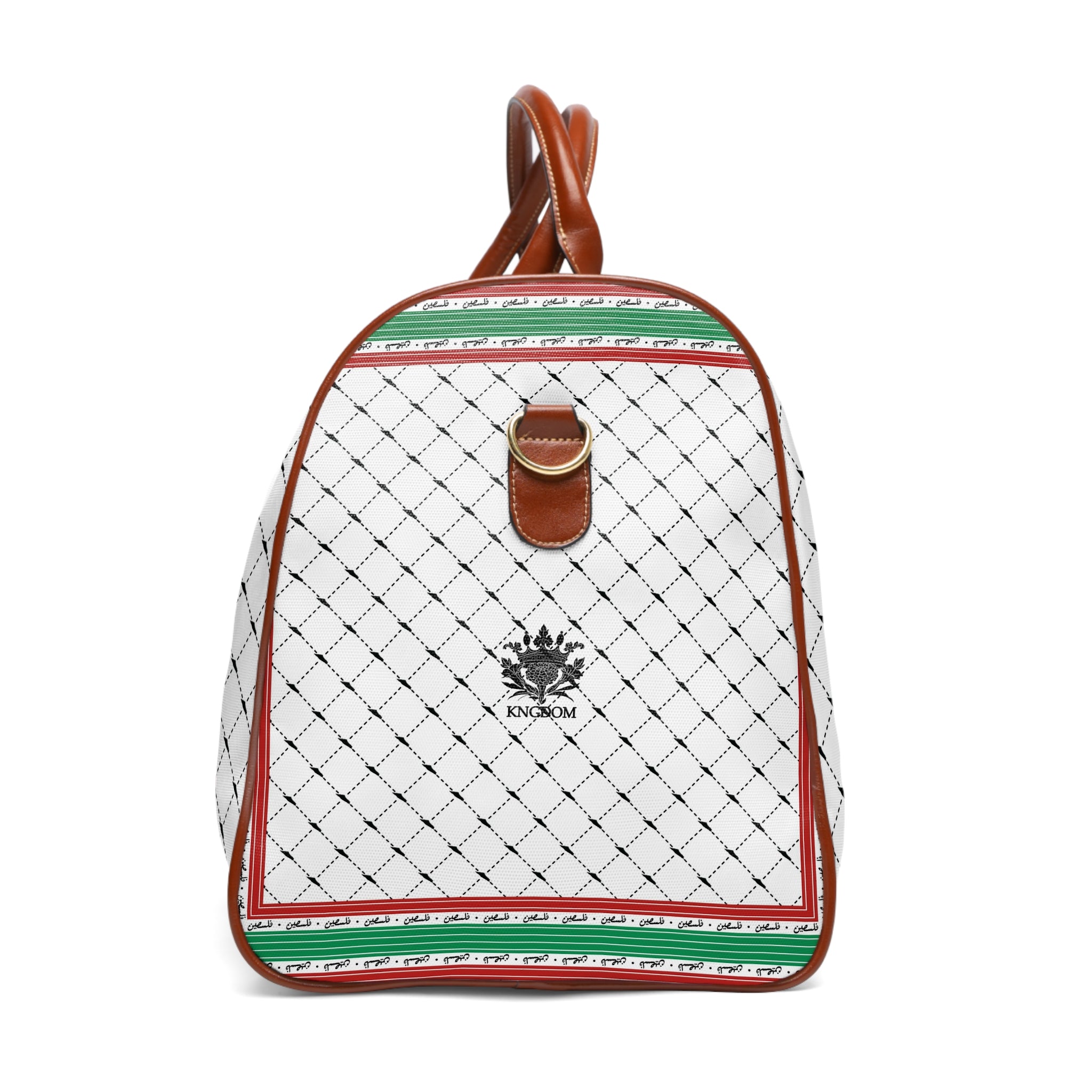 Keffiyeh World &quot;PALESTINE IS GUCCI&quot;- Vegan Leather Self-Expression Waterproof Travel Bag W/ Blk Kngdom Logo