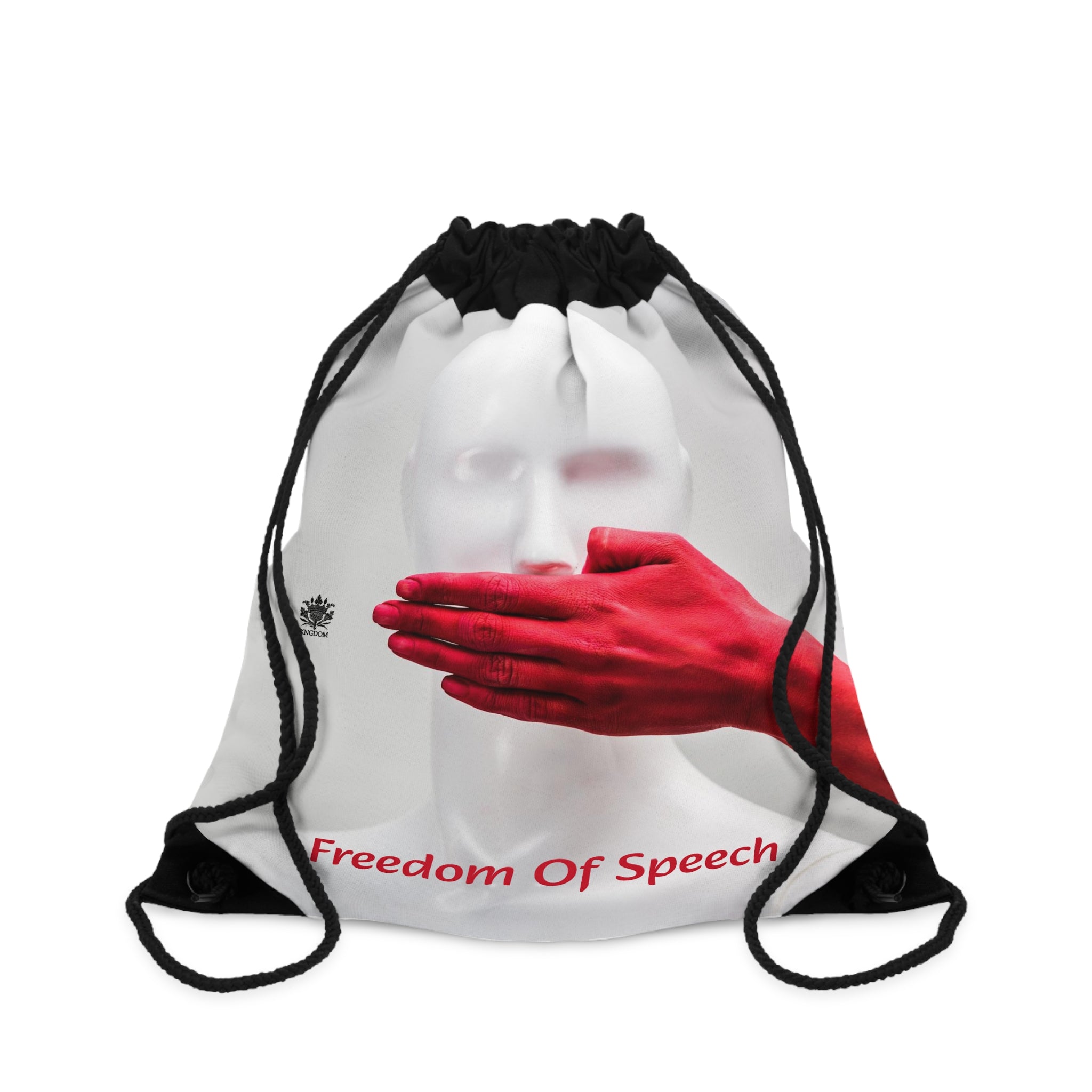 WE ARE AMERICA &quot;Freedom Of Speech&quot;- (THE BLOOD OF THE MARTYRS- Red Hand Covering Mouth) Drawstring Bag W/ Blk Kngdom Logo