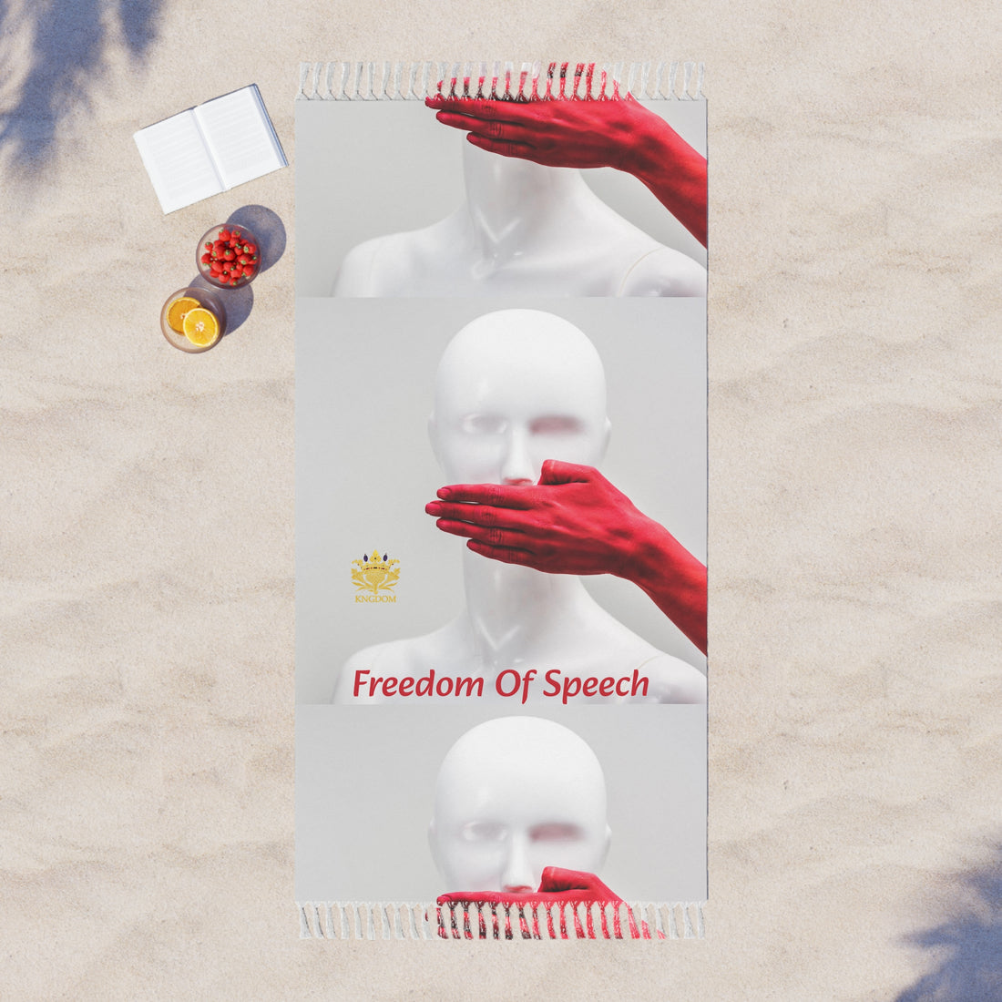 WE ARE AMERICA &quot;Freedom Of Speech&quot;- (THE BLOOD OF THE MARTYRS- Red Hand Covering Mouth) Boho Beach Cloth W/ Kngdom Logo
