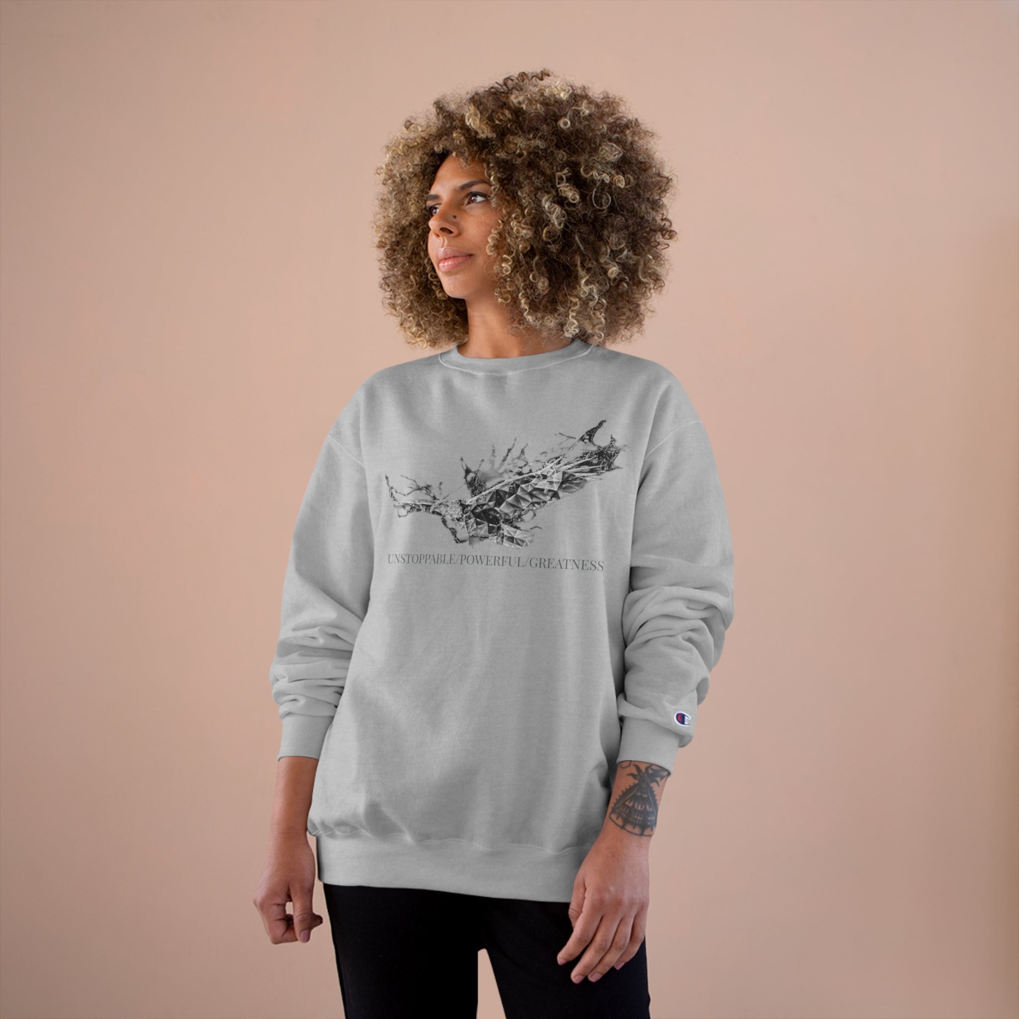 The Isaiah 40:31 &quot;Unstoppable/Powerful/Greatness&quot; Unisex Champion Sweatshirt - W/BLK Kngdom Logo &quot;Unstoppable/Powerful/Greatness&quot; Grey Letter Word Print