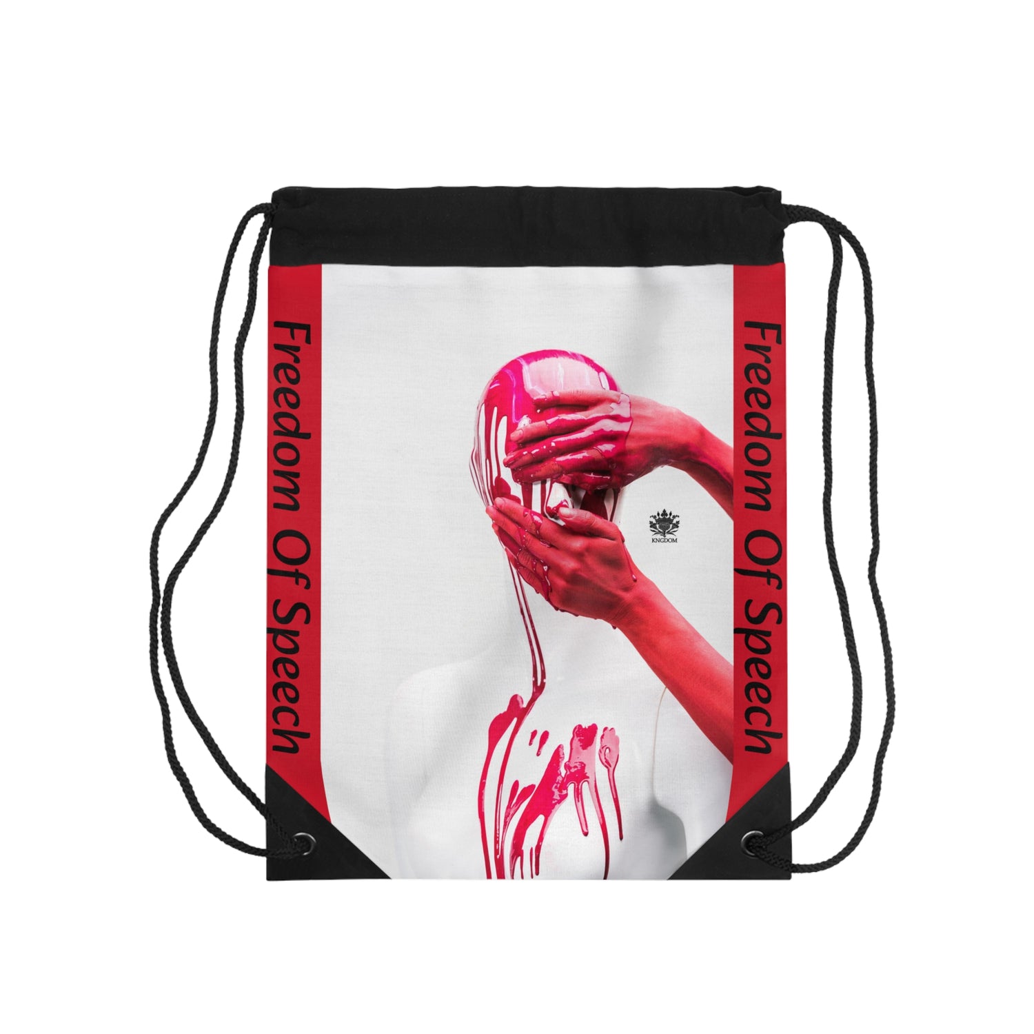 WE ARE AMERICA &quot;Freedom Of Speech&quot;- (THE BLOOD OF THE MARTYRS- Red Hand Over Face &amp; Mouth) Drawstring Bag W/ Blk Kngdom Logo