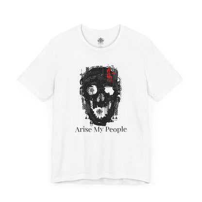 EZEKIEL 37 &quot;Arise My People&quot; Unisex Jersey Short Sleeve Tee (Front Side Skull Cyborg Design Image W/ &quot;Arise My People&quot; Black Letter Print-Back Side Black Kngdom Logo)