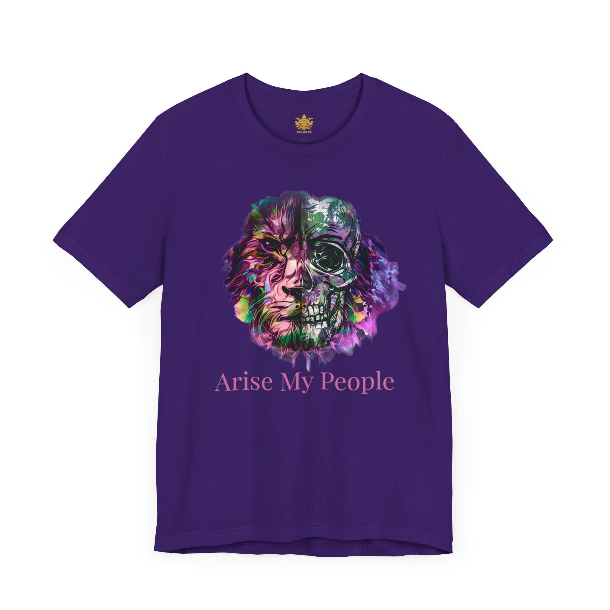 EZEKIEL 37 &quot;Arise My People&quot; - Unisex Jersey Short Sleeve Tee (Front Side Lion/Skull Design Image W/&quot;Arise My People&quot; Light Pink Letter Print- Back Side Kngdom Logo)