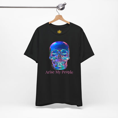 EZEKIEL 37 &quot;Arise My People&quot; Crystal Head Skull Face Design Image- Unisex Jersey Sleeve Tee (Front Side Crystal Head Skull Face Design Image W/ &quot;Arise My People&quot; Light Pink Letter Print- Back Side Kngdom Logo)