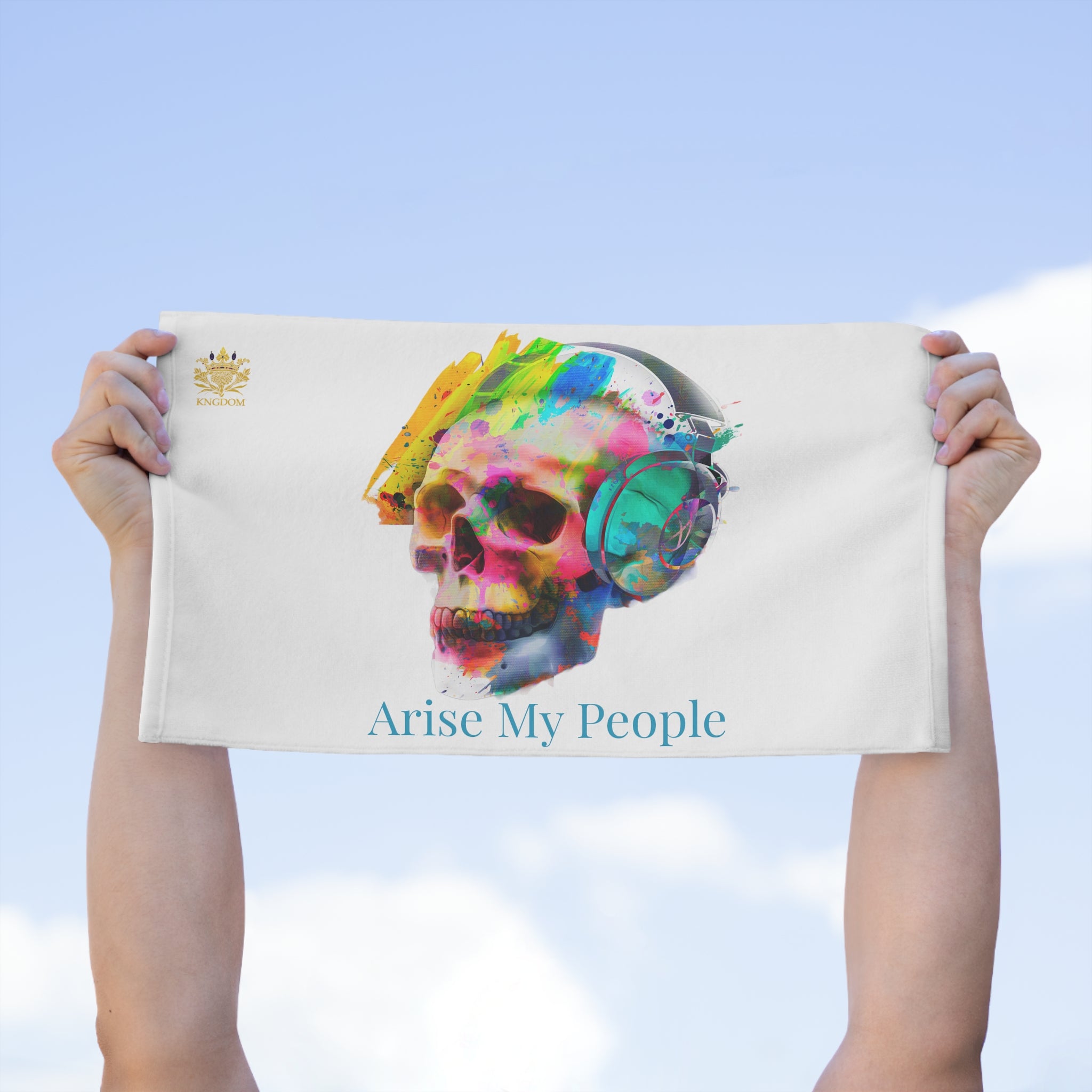 EZEKIEL 37 &quot;Arise My People&quot; Skull W/Headphones Design Image- Rally Towel (Kngdom Logo W/ &quot;Arise My People&quot; Turquoise Letter Print)