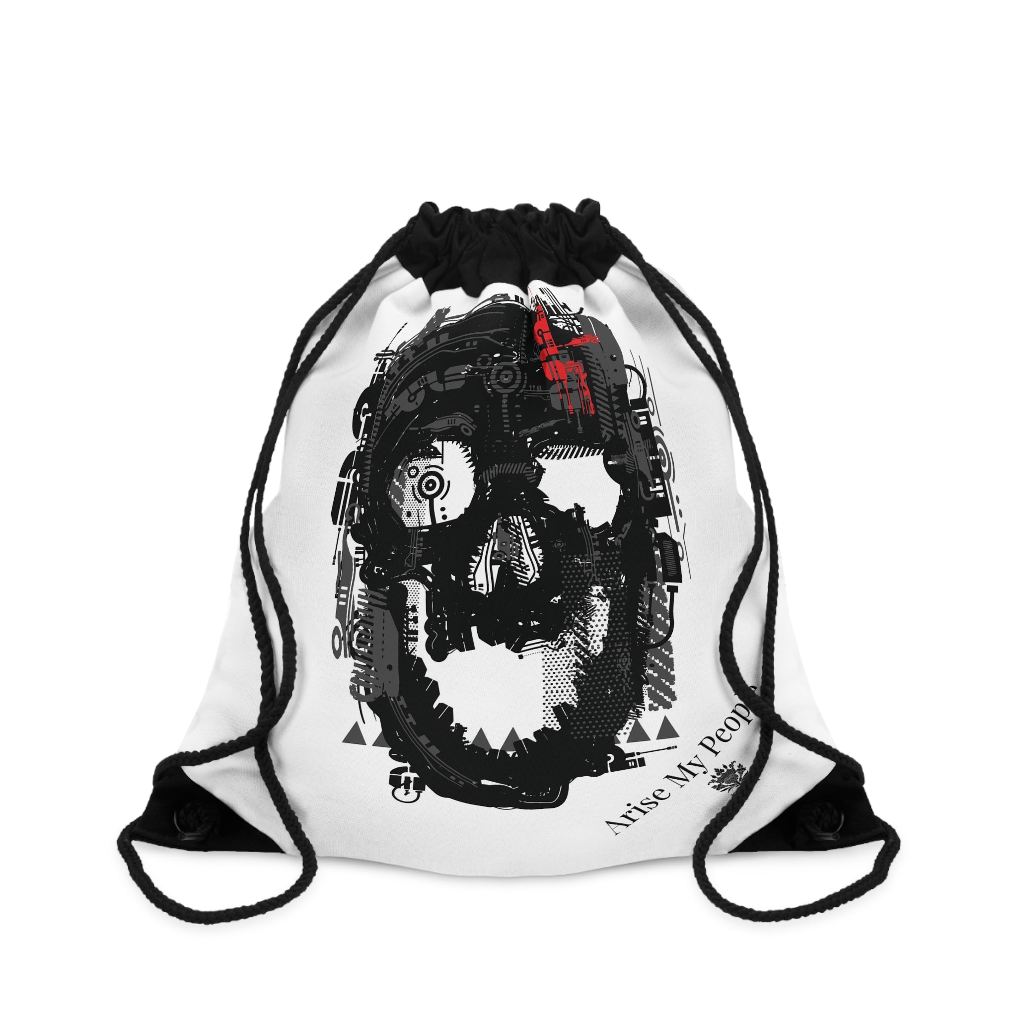 EZEKIEL 37 &quot;Arise My People&quot; Skull Cyborg Design Image- Drawstring Bag (&quot;Arise My People&quot; Black Letter Print W/Black Kngdom Logo)