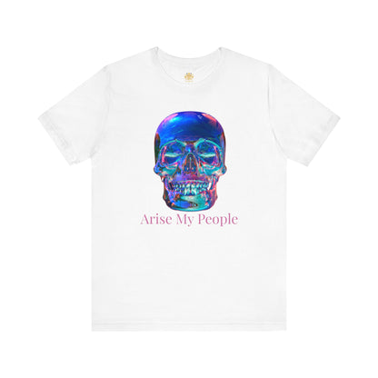 EZEKIEL 37 &quot;Arise My People&quot; Crystal Head Skull Face Design Image- Unisex Jersey Sleeve Tee (Front Side Crystal Head Skull Face Design Image W/ &quot;Arise My People&quot; Light Pink Letter Print- Back Side Kngdom Logo)