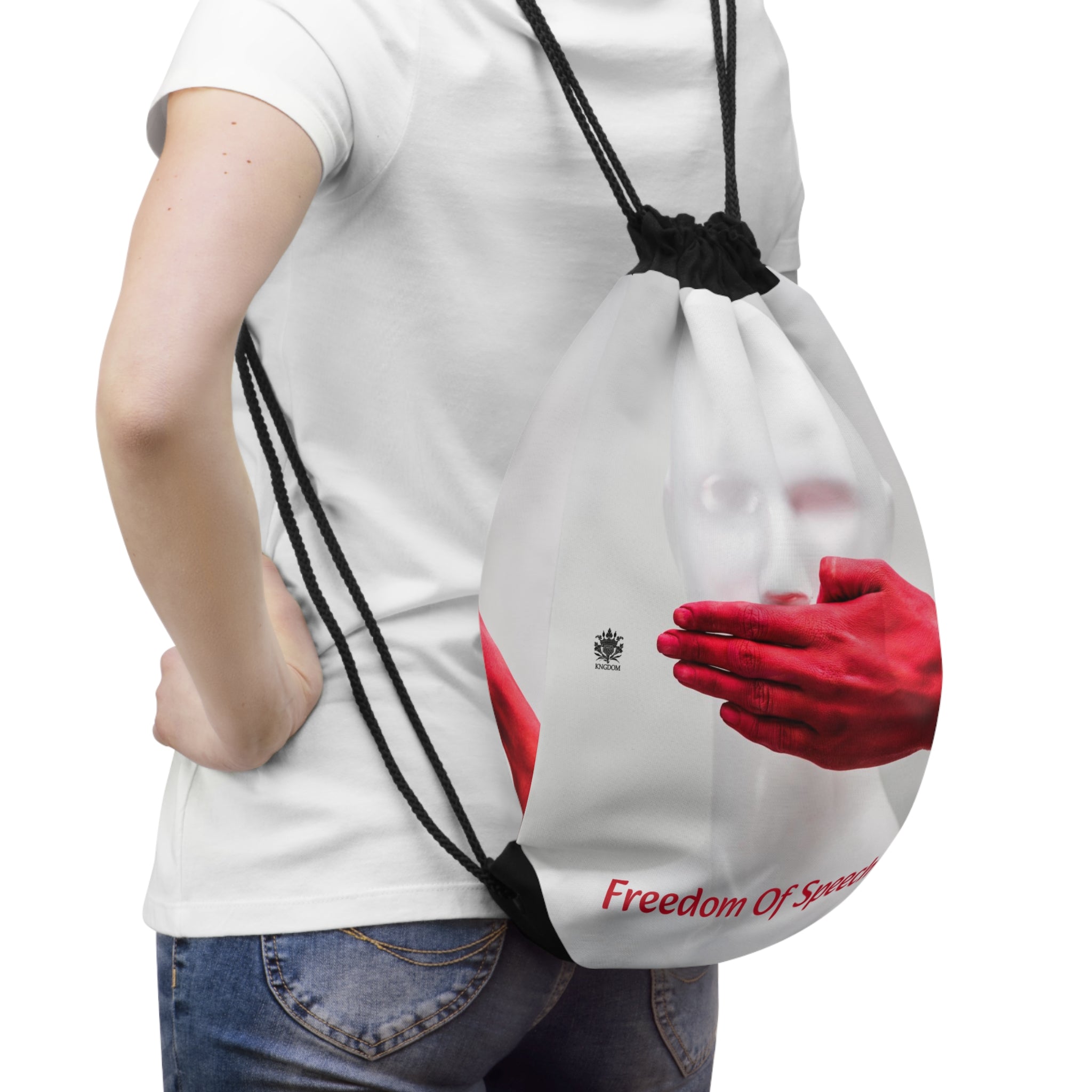 WE ARE AMERICA &quot;Freedom Of Speech&quot;- (THE BLOOD OF THE MARTYRS- Red Hand Covering Mouth) Drawstring Bag W/ Blk Kngdom Logo