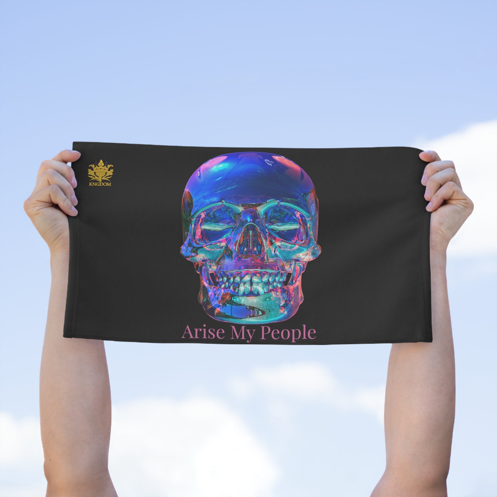 EZEKIEL 37 &quot;Arise My People&quot; Crystal Head Skull Face Design Image- Rally Towel (Light Pink Letter Print- Kngdom Logo)