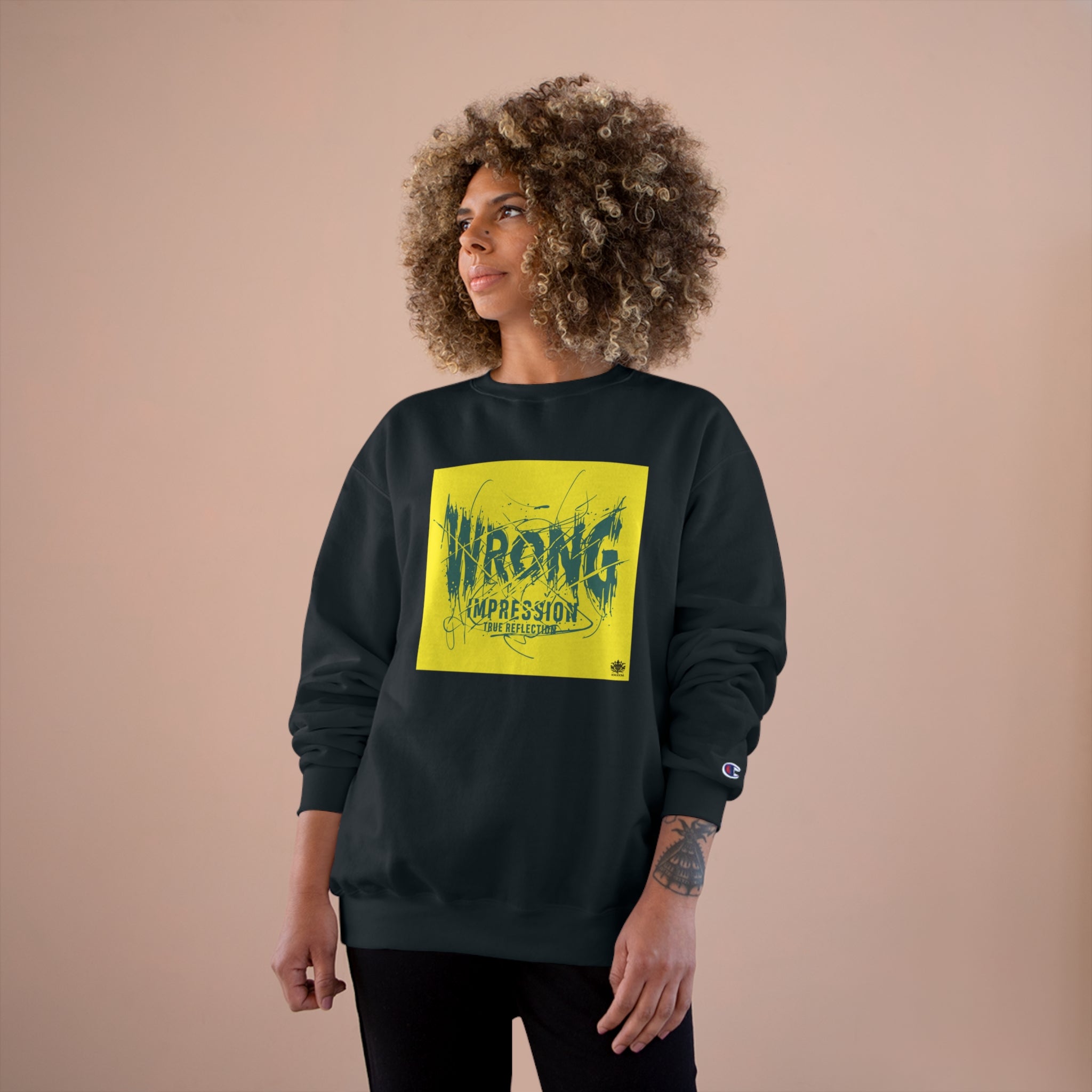 Kngdom &quot;DRIP&quot; (Wrong Impression-True Reflection) - Unisex Champion Sweatshirt W/ Blk Side Kngdom Logo