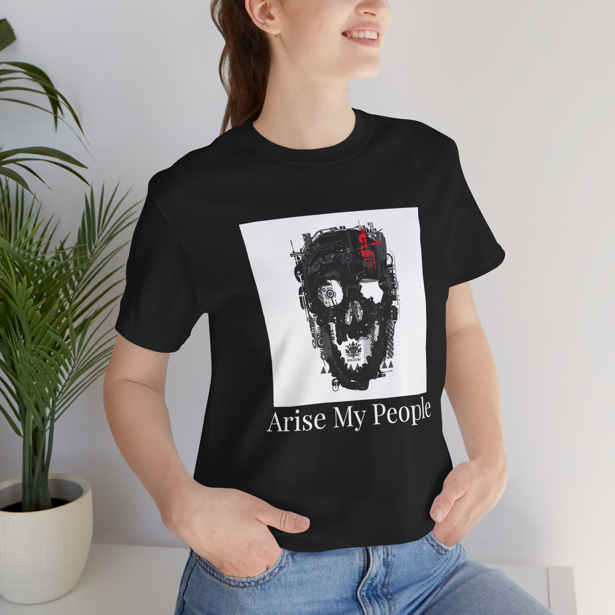 EZEKIEL 37 &quot;Arise My People&quot;- Unisex Jersey Short Sleeve Tee (Front Side Skull Cyborg Design Image W/ &quot;Arise My People&quot; White Letter Print-Back Side Black W/ White BG Kngdom Logo)