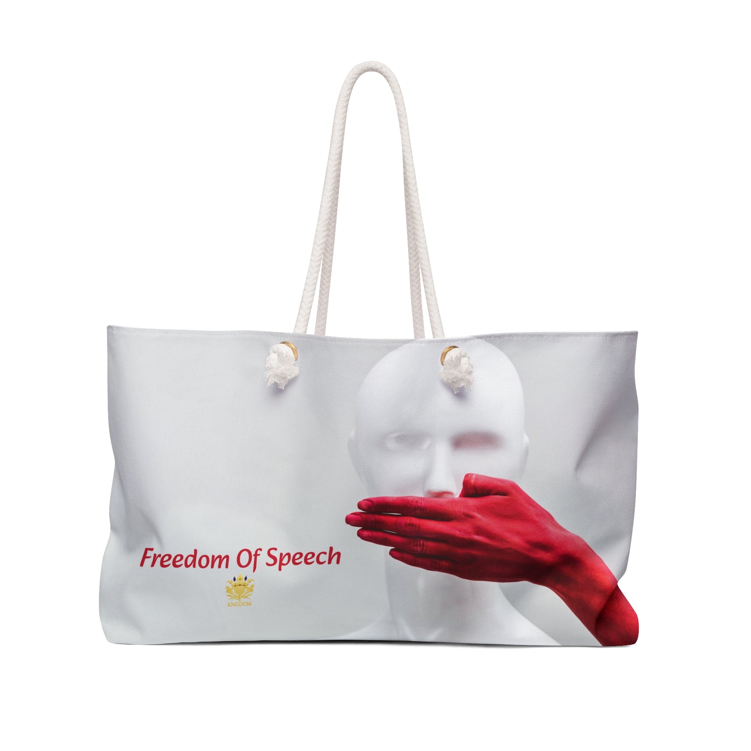 WE ARE AMERICA &quot;Freedom Of Speech&quot;- (THE BLOOD OF THE MARTYRS- Red Hand Covering Mouth) Weekender Bag W/ Kngdom Logo