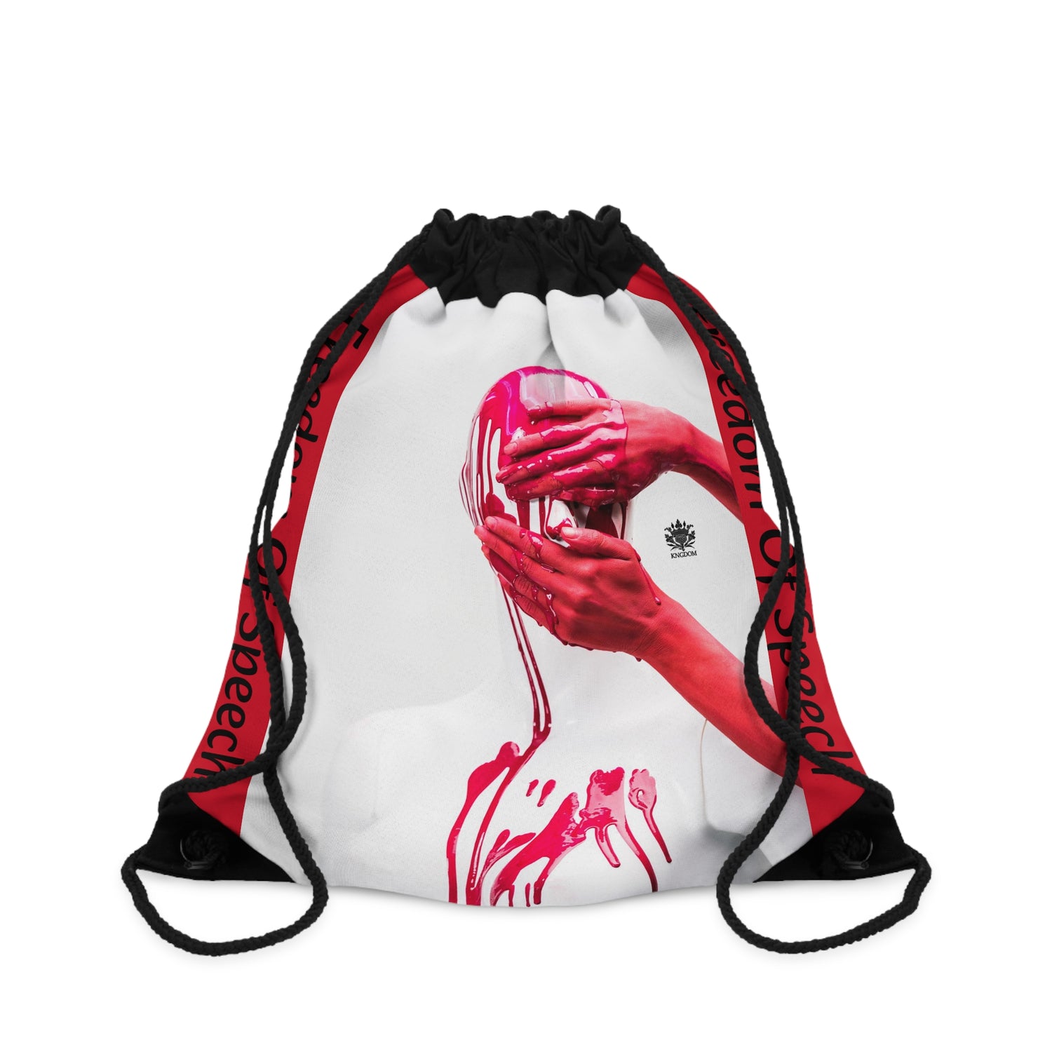 WE ARE AMERICA &quot;Freedom Of Speech&quot;- (THE BLOOD OF THE MARTYRS- Red Hand Over Face &amp; Mouth) Drawstring Bag W/ Blk Kngdom Logo