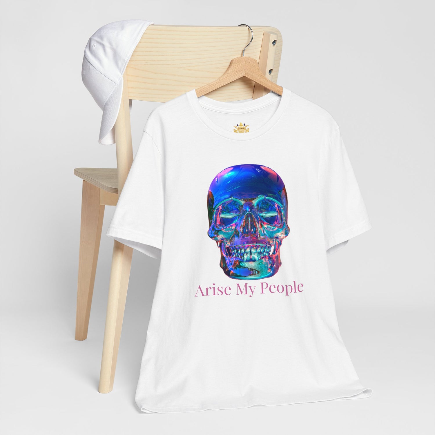 EZEKIEL 37 &quot;Arise My People&quot; Crystal Head Skull Face Design Image- Unisex Jersey Sleeve Tee (Front Side Crystal Head Skull Face Design Image W/ &quot;Arise My People&quot; Light Pink Letter Print- Back Side Kngdom Logo)