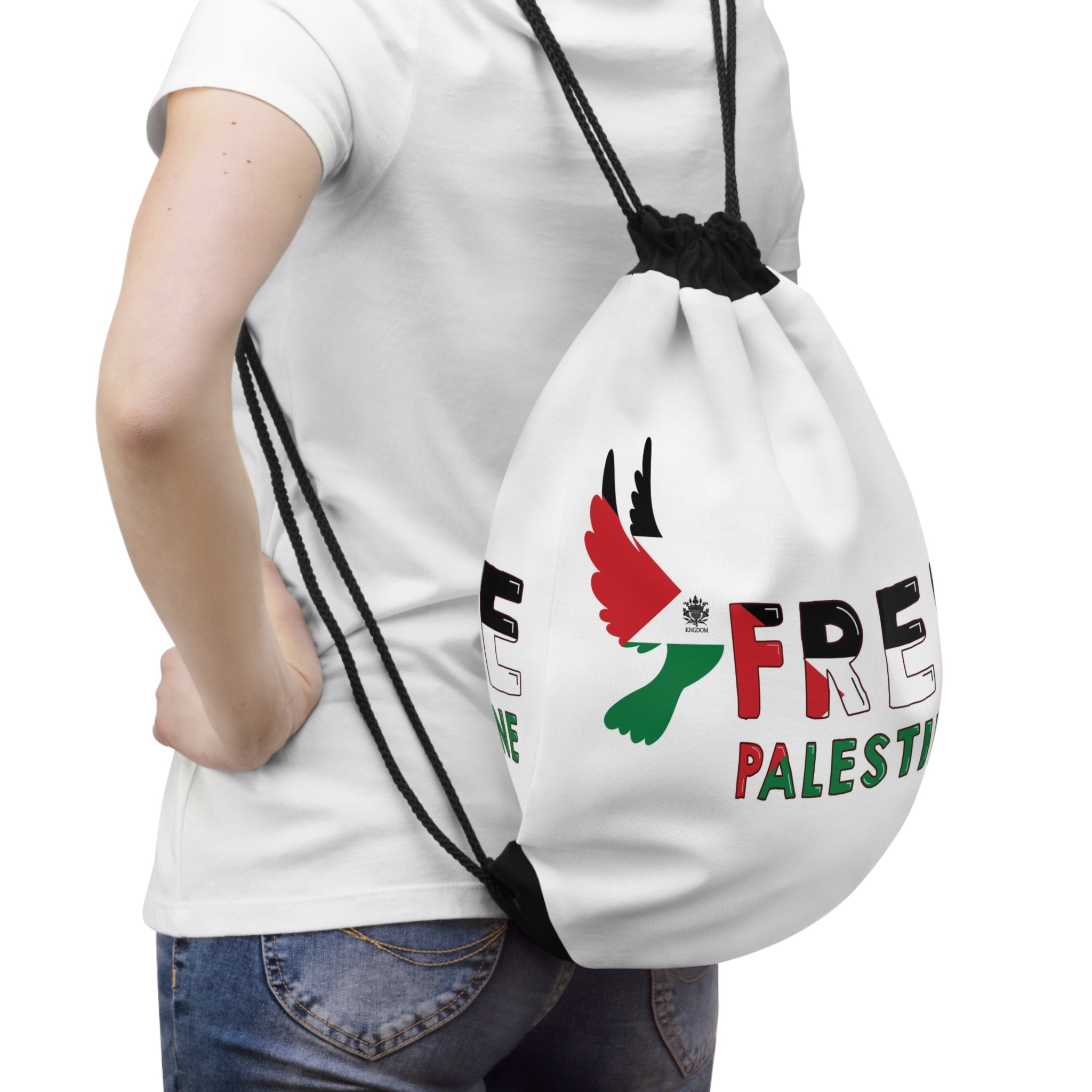 &quot;FREE PALESTINE&quot;- Drawstring Bag W/ Blk Kngdom Logo