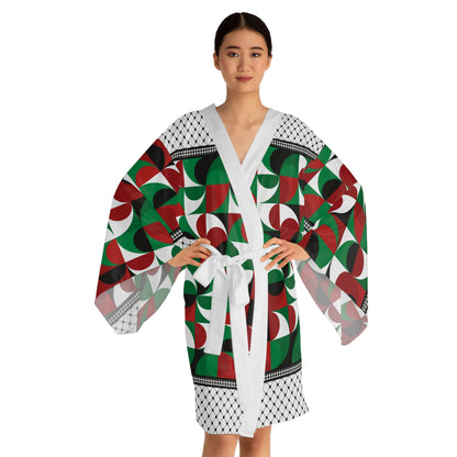 Keffiyeh World &quot;PALESTINE&quot;- Long Sleeve Kimono Robe W/ Blk Kngdom Logo