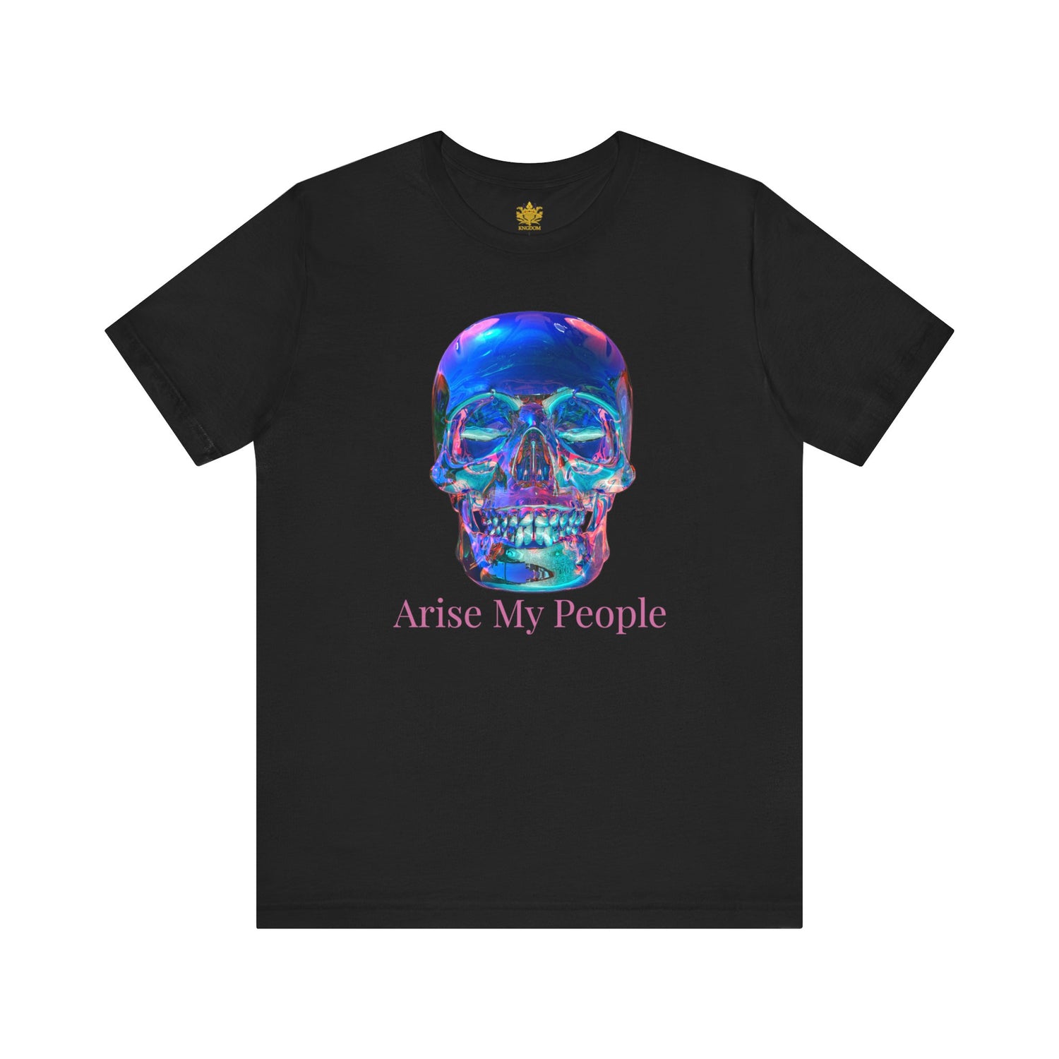 EZEKIEL 37 &quot;Arise My People&quot; Crystal Head Skull Face Design Image- Unisex Jersey Sleeve Tee (Front Side Crystal Head Skull Face Design Image W/ &quot;Arise My People&quot; Light Pink Letter Print- Back Side Kngdom Logo)