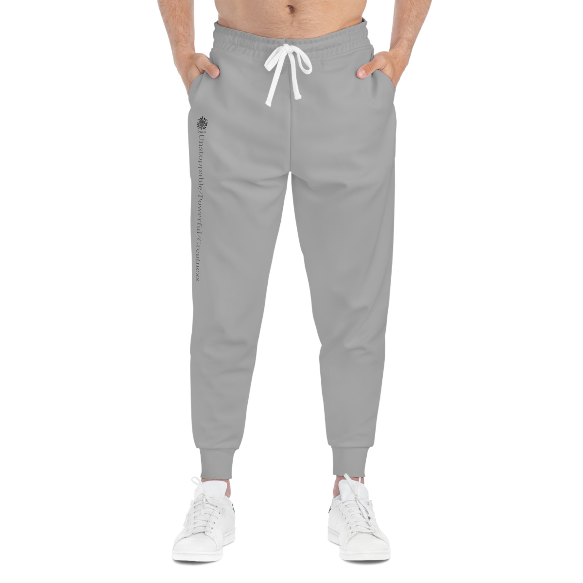 The Isaiah 40:31 &quot;Unstoppable/Powerful/Greatness&quot; -Unisex Athletic Joggers W/BLK Kngdom Logo &quot;Unstoppable/Powerful/Greatness&quot; Grey Letter Word Print