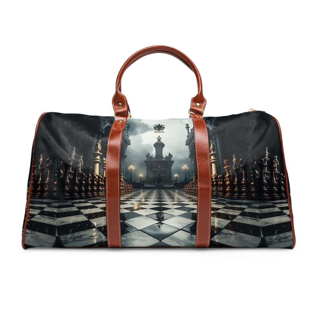 &quot;CHECKMATE&quot;: bolso de viaje impermeable de piel vegana con logotipo de Kingdom en negro 