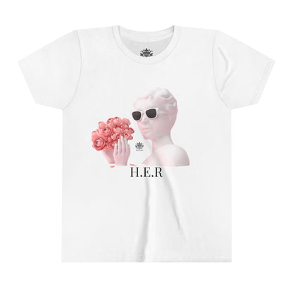 &quot;H.E.R&quot; (Heroism/Eagerness/Relevant)- Youth Short Sleeve Tee W/ Blk Kngdom Logo