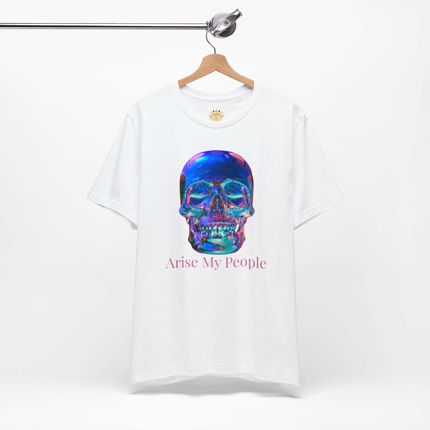 EZEKIEL 37 &quot;Arise My People&quot; Crystal Head Skull Face Design Image- Unisex Jersey Sleeve Tee (Front Side Crystal Head Skull Face Design Image W/ &quot;Arise My People&quot; Light Pink Letter Print- Back Side Kngdom Logo)