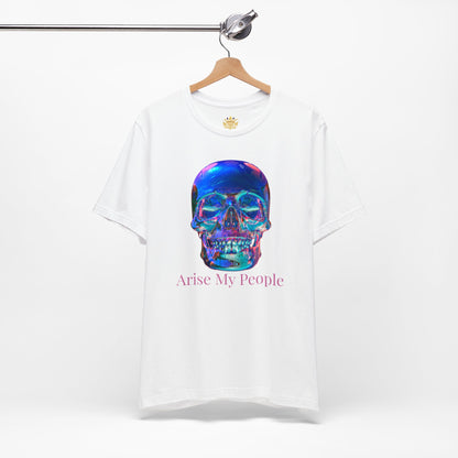 EZEKIEL 37 &quot;Arise My People&quot; Crystal Head Skull Face Design Image- Unisex Jersey Sleeve Tee (Front Side Crystal Head Skull Face Design Image W/ &quot;Arise My People&quot; Light Pink Letter Print- Back Side Kngdom Logo)