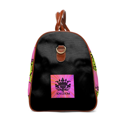 Kngdom &quot;DRIP&quot; (NEVER LOOK BACK)- Vegan Leather Self-Expression Waterproof Travel Bag W/ Double Side Blk-Pink Kngdom Logo