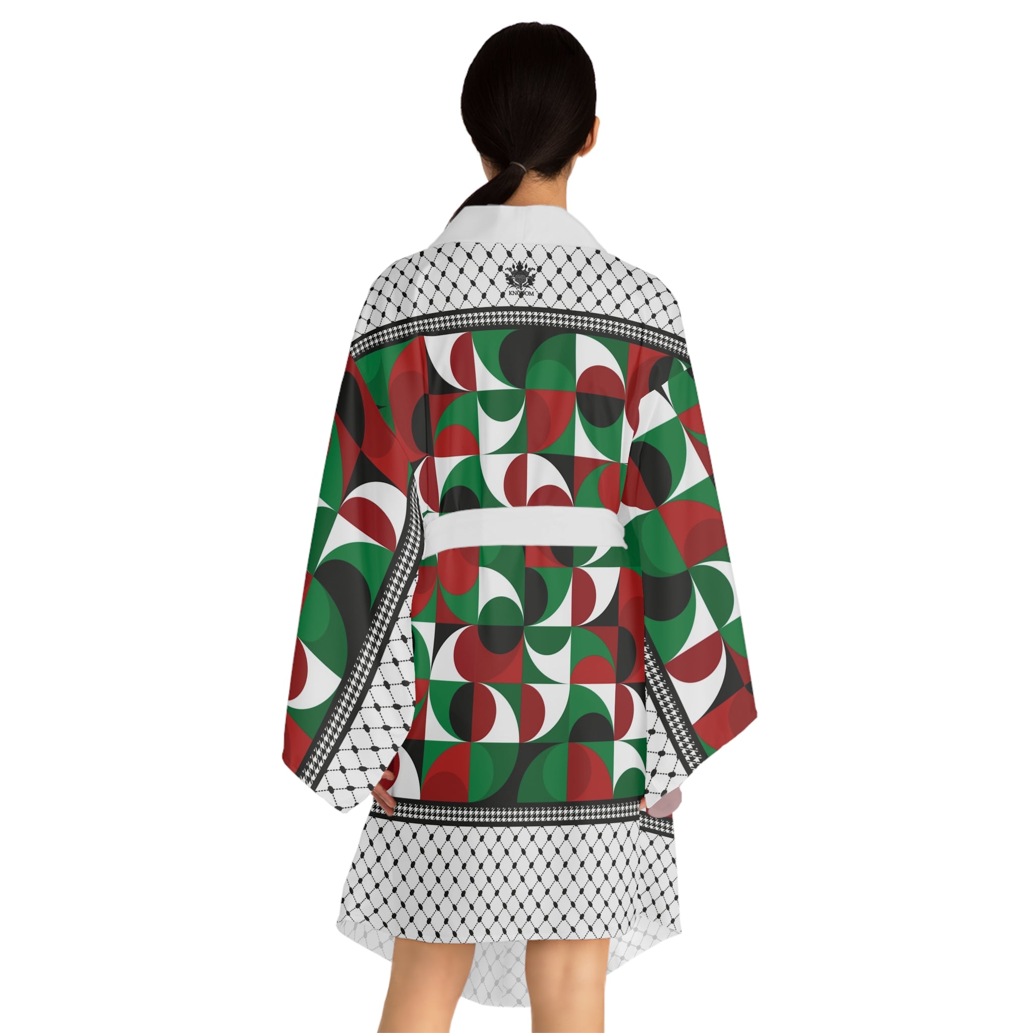 Keffiyeh World &quot;PALESTINE&quot;- Long Sleeve Kimono Robe W/ Blk Kngdom Logo