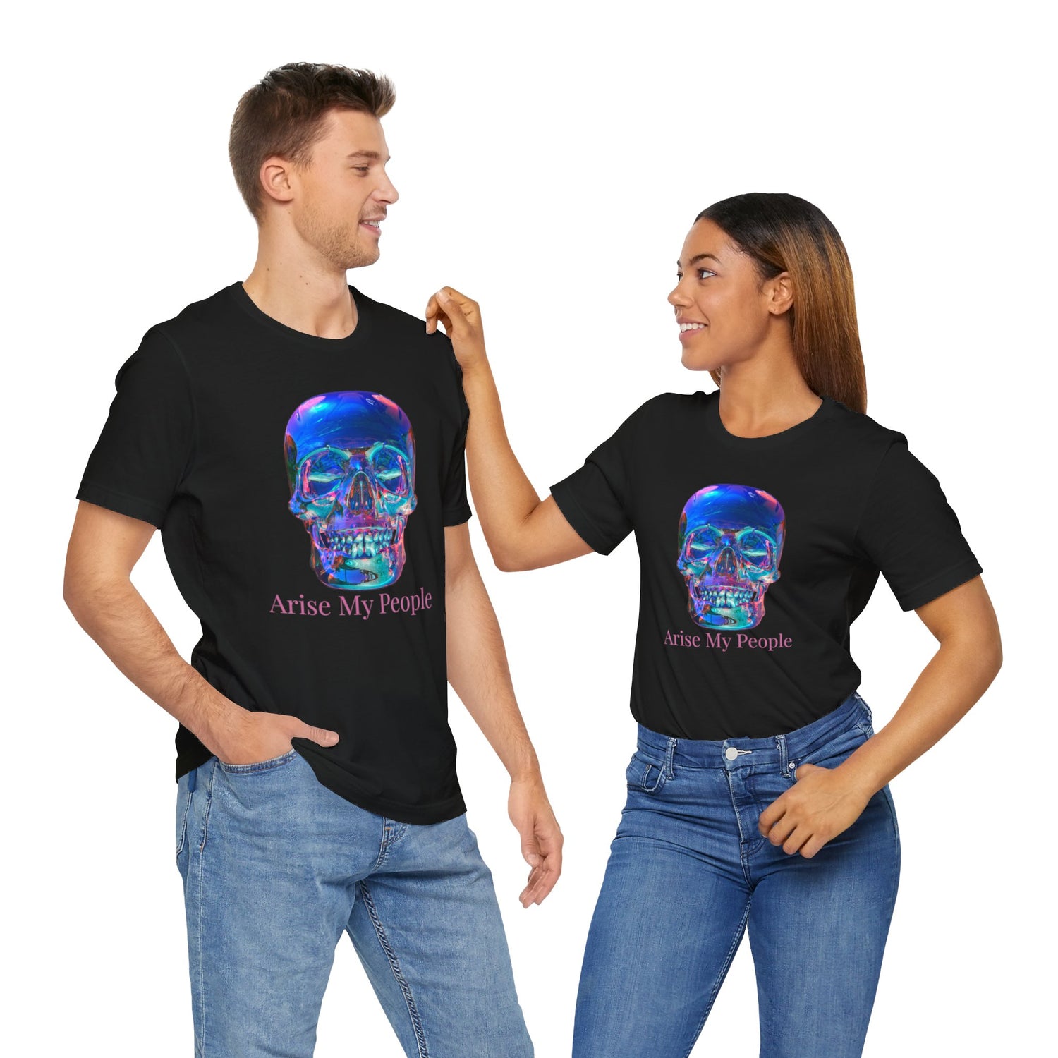 EZEKIEL 37 &quot;Arise My People&quot; Crystal Head Skull Face Design Image- Unisex Jersey Sleeve Tee (Front Side Crystal Head Skull Face Design Image W/ &quot;Arise My People&quot; Light Pink Letter Print- Back Side Kngdom Logo)