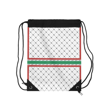 Keffiyeh World &quot;PALESTINE IS GUCCI&quot;- Drawstring Bag W/ Blk Kngdom Logo