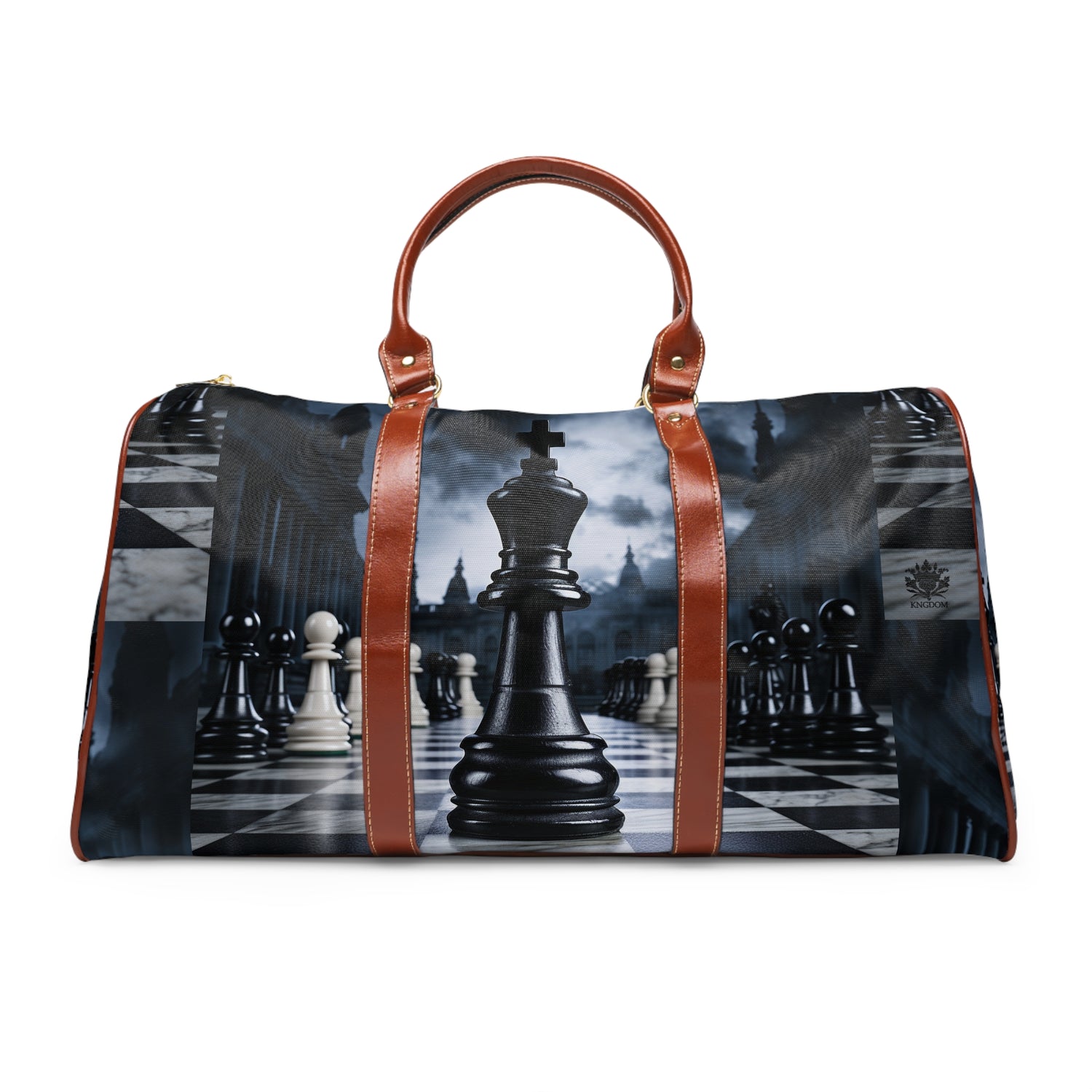 &quot;CHECKMATE&quot;: bolso de viaje impermeable de cuero vegano con logotipo de Kngdom 