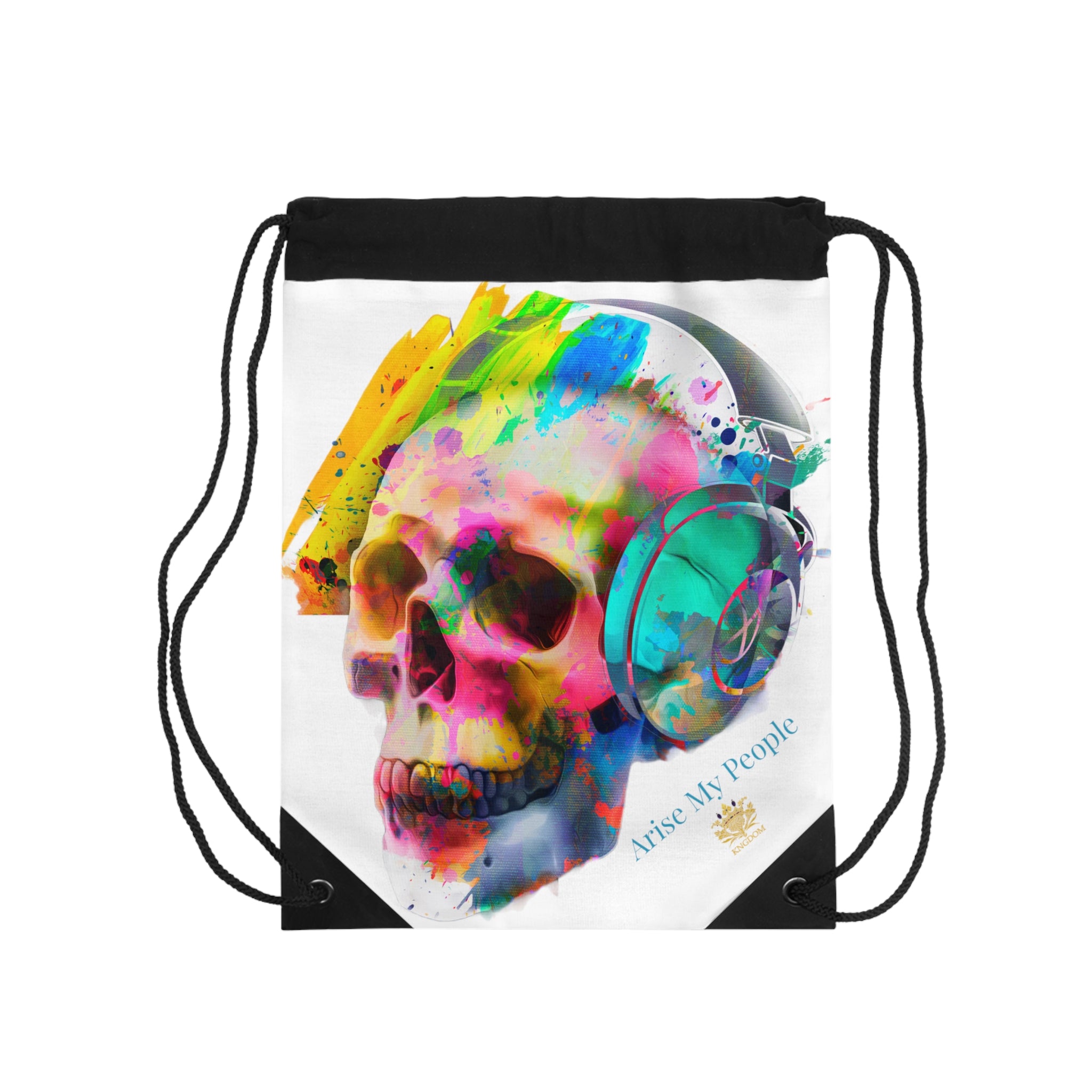 EZEKIEL 37 &quot;Arise My People&quot; Skull W/Headphones Design Image- Drawstring Bag (Kngdom Logo W/ &quot;Arise My People&quot; Turquoise Letter Print)