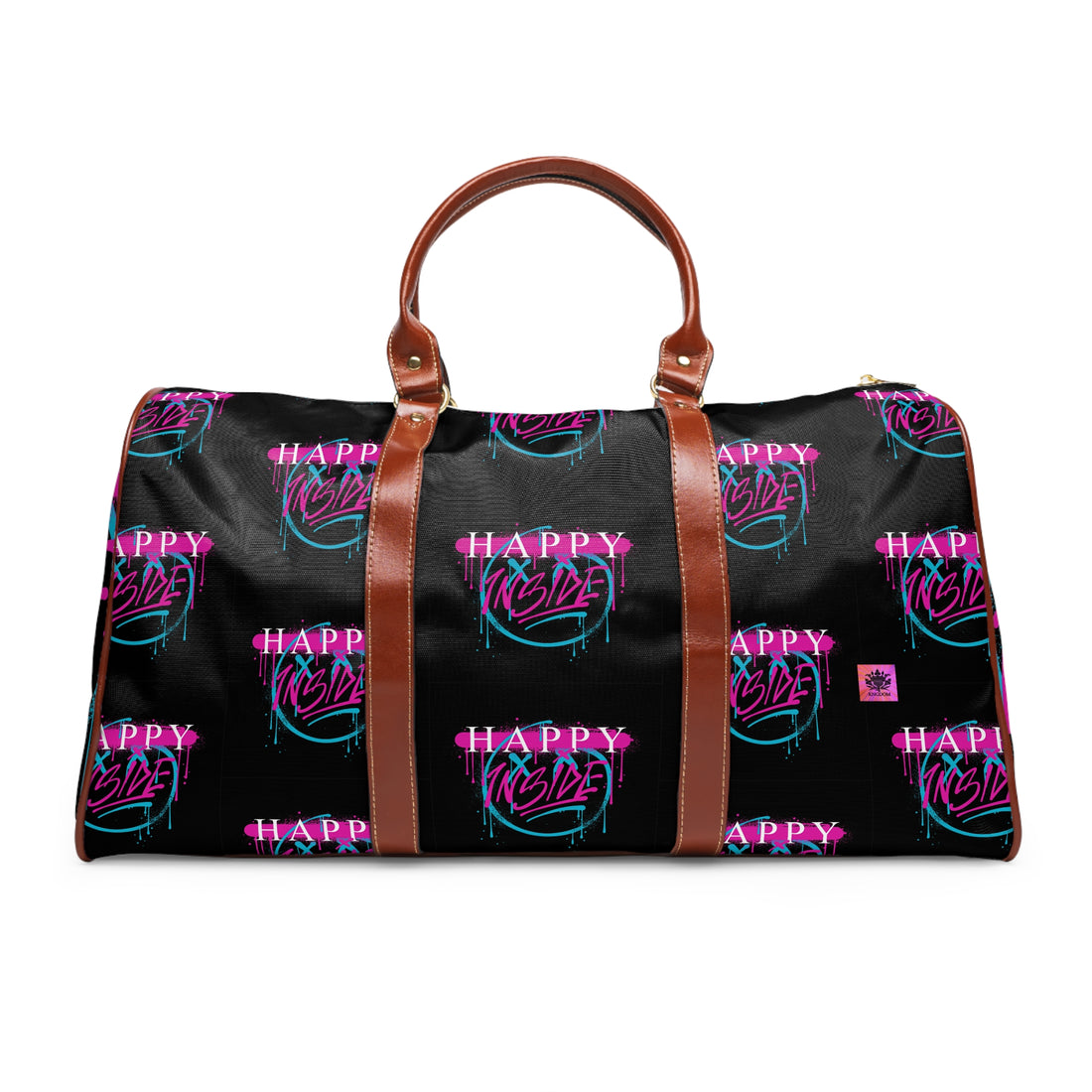 Kngdom &quot;DRIP&quot; (HAPPY INSIDE) -Vegan Leather Self-Expression Waterproof Travel Bag W/ Blk-Pink Kngdom Logo