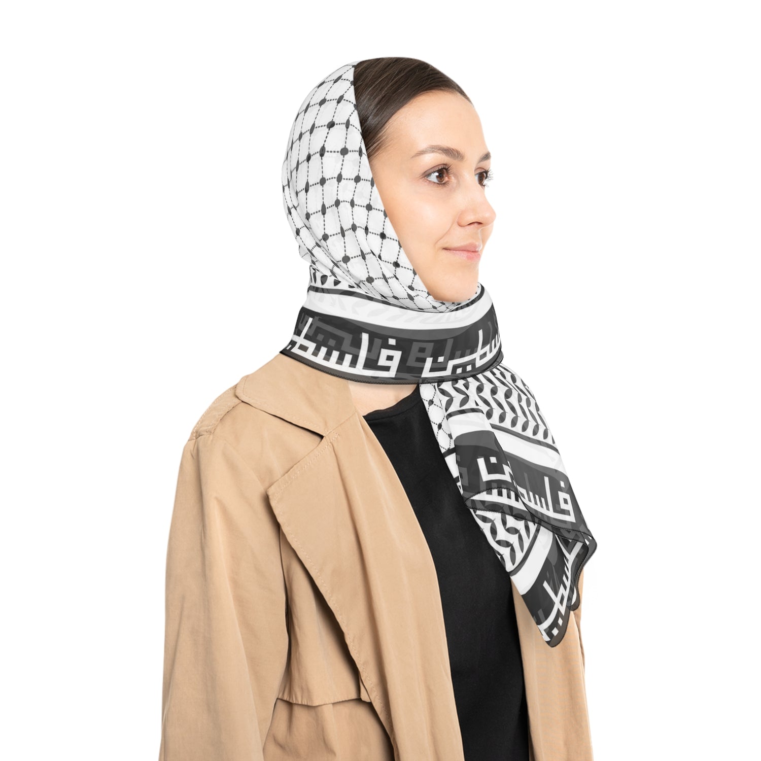 Keffiyeh World &quot;PALESTINE&quot;- Poly/Chiffon Scarf W/ Blk Kngdom Logo