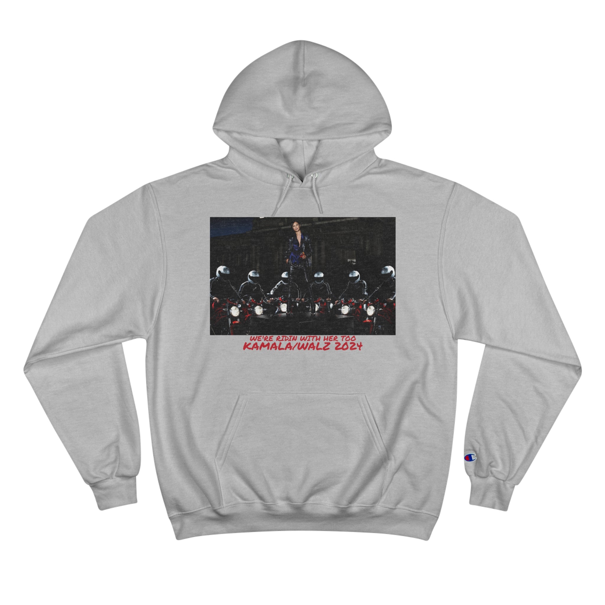 &quot;WE RIDIN WITH HER TOO&quot; KAMALA/WALZ (HARRIS 2024)- Unisex Champion Hoodie W/ Kngdom Logo