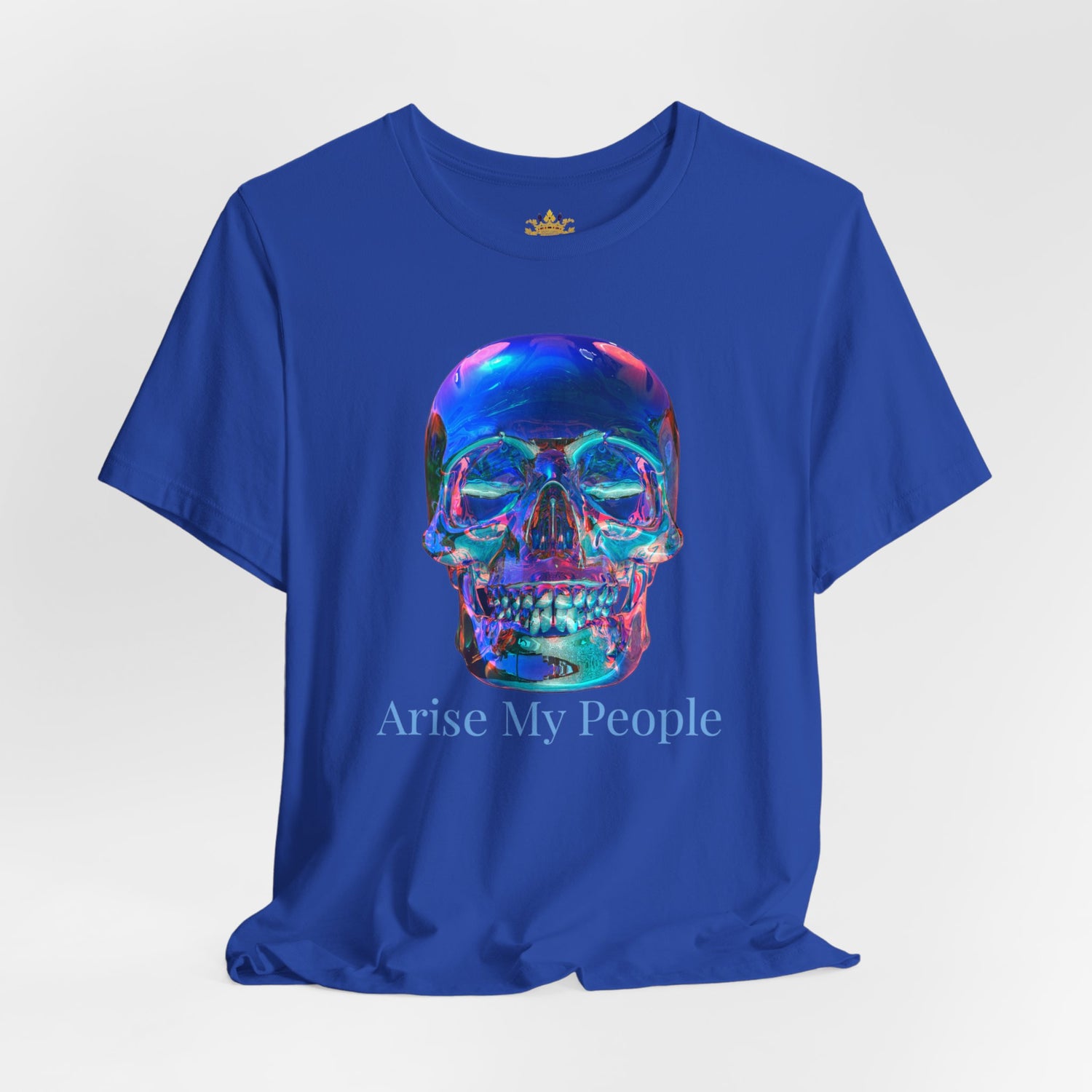 EZEKIEL 37 &quot;Arise My People&quot; Crystal Head Skull Face Design Image- Unisex Jersey Sleeve Tee (Front Side Crystal Head Skull Face Design Image W/ &quot;Arise My People&quot; Light Blue Letter Print- Back Side Kngdom Logo)