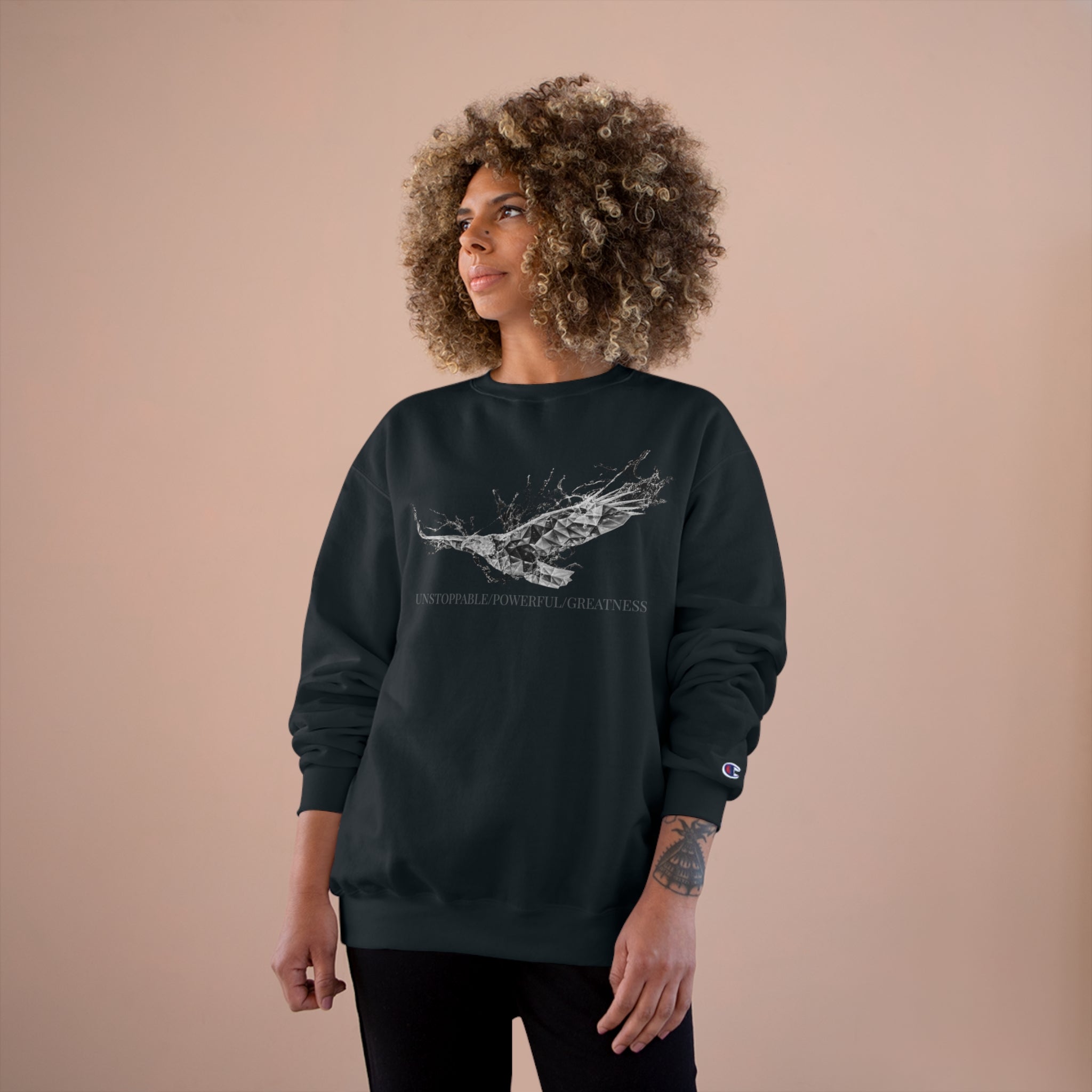 The Isaiah 40:31 &quot;Unstoppable/Powerful/Greatness&quot; Unisex Champion Sweatshirt - W/BLK Kngdom Logo &quot;Unstoppable/Powerful/Greatness&quot; Grey Letter Word Print