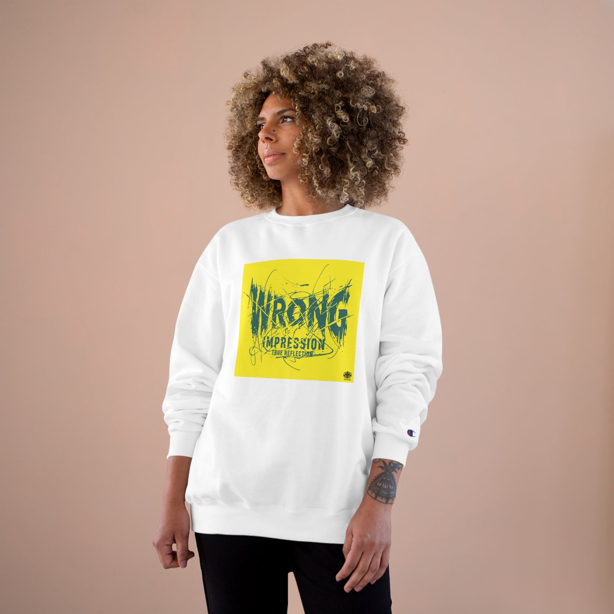 Kngdom &quot;DRIP&quot; (Wrong Impression-True Reflection) - Unisex Champion Sweatshirt W/ Blk Side Kngdom Logo