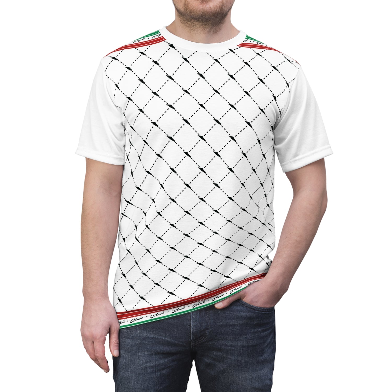 Keffiyeh World &quot;PALESTINE IS GUCCI&quot;- Unisex Cut &amp; Sew Tee W/ Blk Kngdom Logo