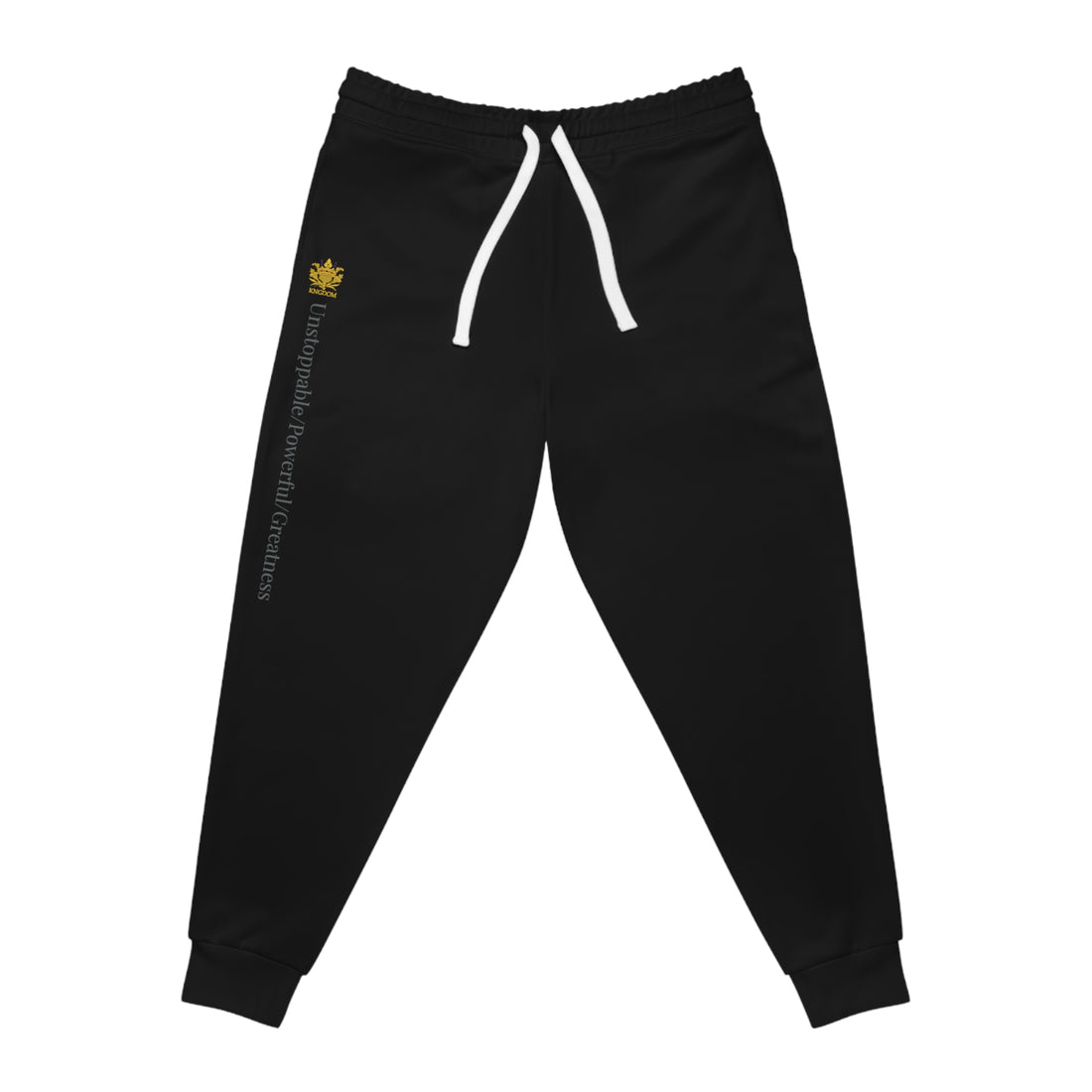 The Isaiah 40:31 &quot;Unstoppable/Powerful/Greatness&quot; - Unisex Athletic Joggers (Gold Kngdom Logo W/ &quot;Unstoppable/Powerful/Greatness&quot; White Letter Word Print)