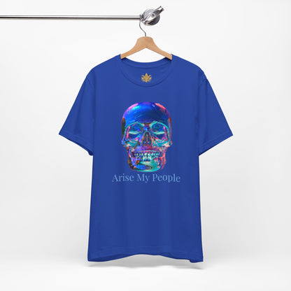 EZEKIEL 37 &quot;Arise My People&quot; Crystal Head Skull Face Design Image- Unisex Jersey Sleeve Tee (Front Side Crystal Head Skull Face Design Image W/ &quot;Arise My People&quot; Light Blue Letter Print- Back Side Kngdom Logo)