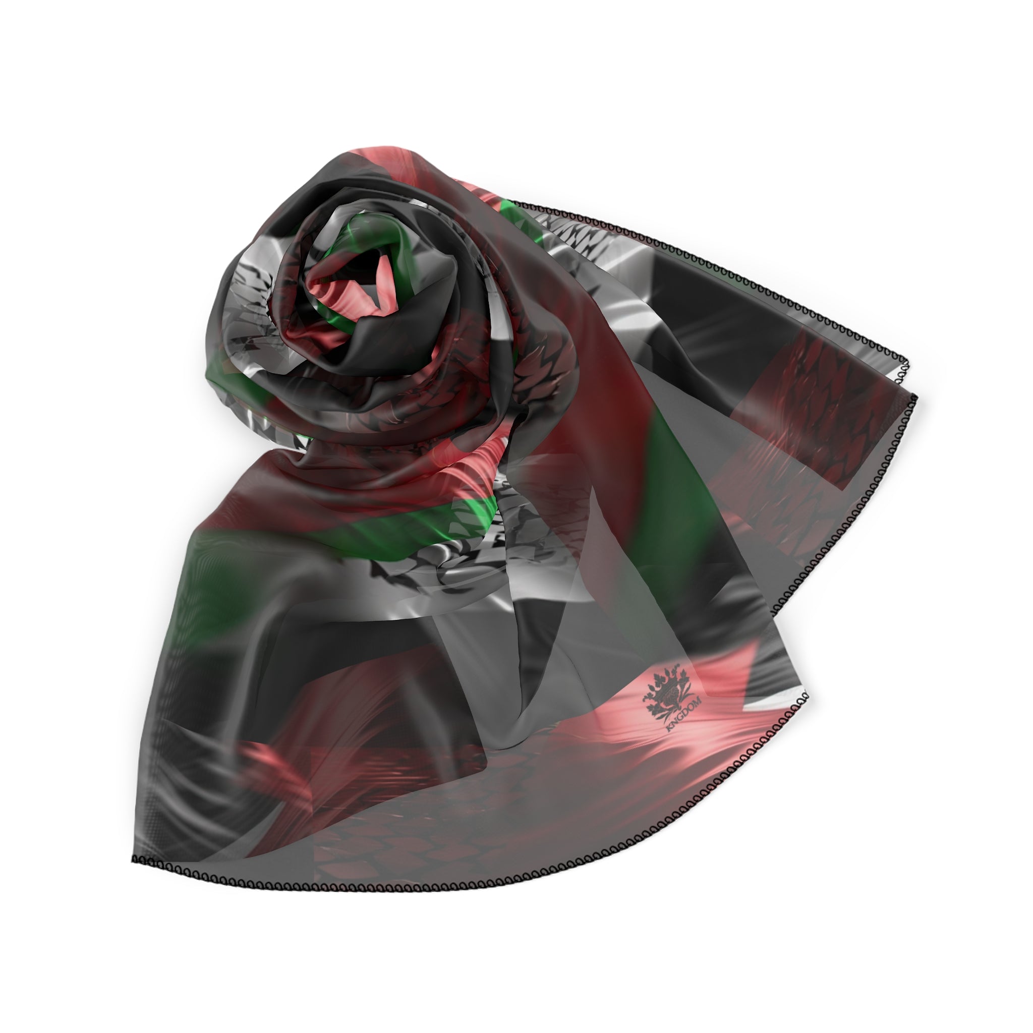 Keffiyeh World &quot;Palestine Flag&quot;- Poly/Chiffon Scarf W/ Blk Kngdom Logo