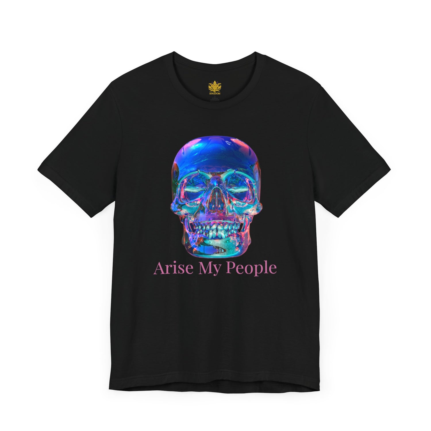 EZEKIEL 37 &quot;Arise My People&quot; Crystal Head Skull Face Design Image- Unisex Jersey Sleeve Tee (Front Side Crystal Head Skull Face Design Image W/ &quot;Arise My People&quot; Light Pink Letter Print- Back Side Kngdom Logo)