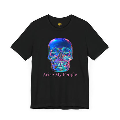 EZEKIEL 37 &quot;Arise My People&quot; Crystal Head Skull Face Design Image- Unisex Jersey Sleeve Tee (Front Side Crystal Head Skull Face Design Image W/ &quot;Arise My People&quot; Light Pink Letter Print- Back Side Kngdom Logo)