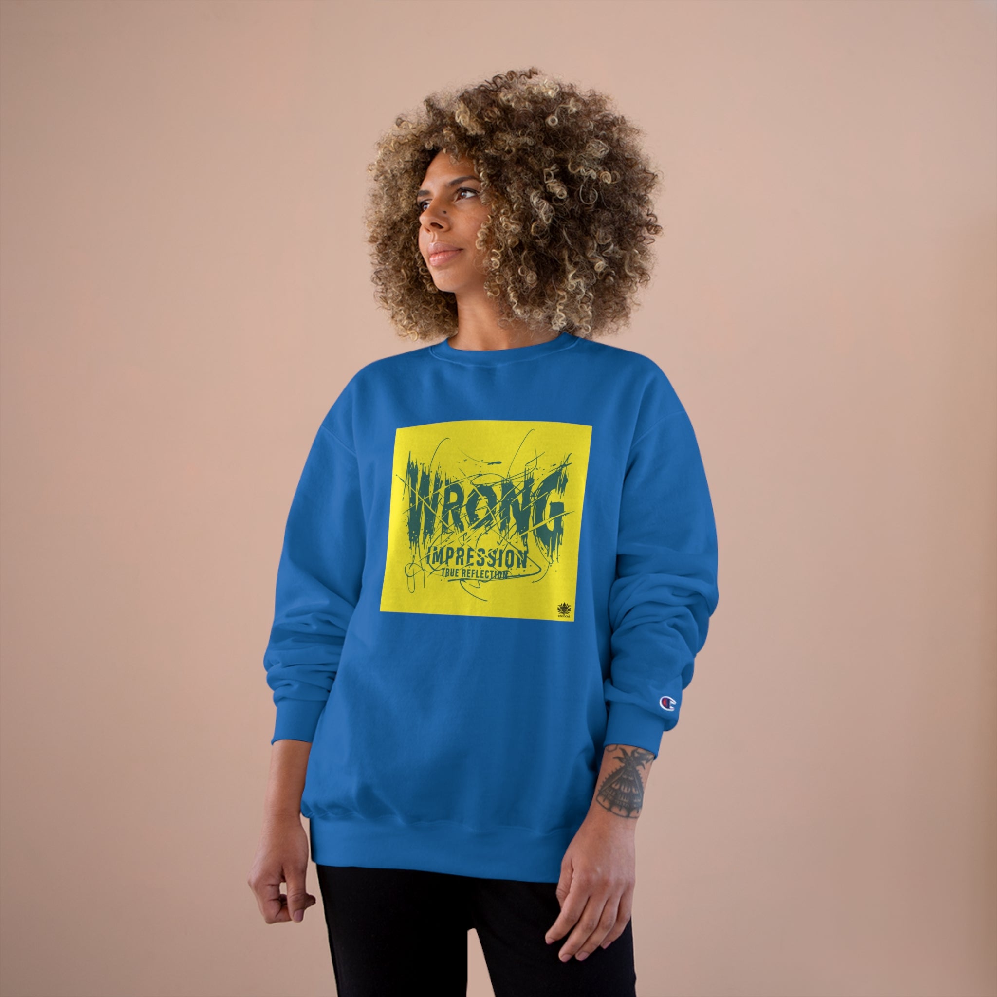 Kngdom &quot;DRIP&quot; (Wrong Impression-True Reflection) - Unisex Champion Sweatshirt W/ Blk Side Kngdom Logo