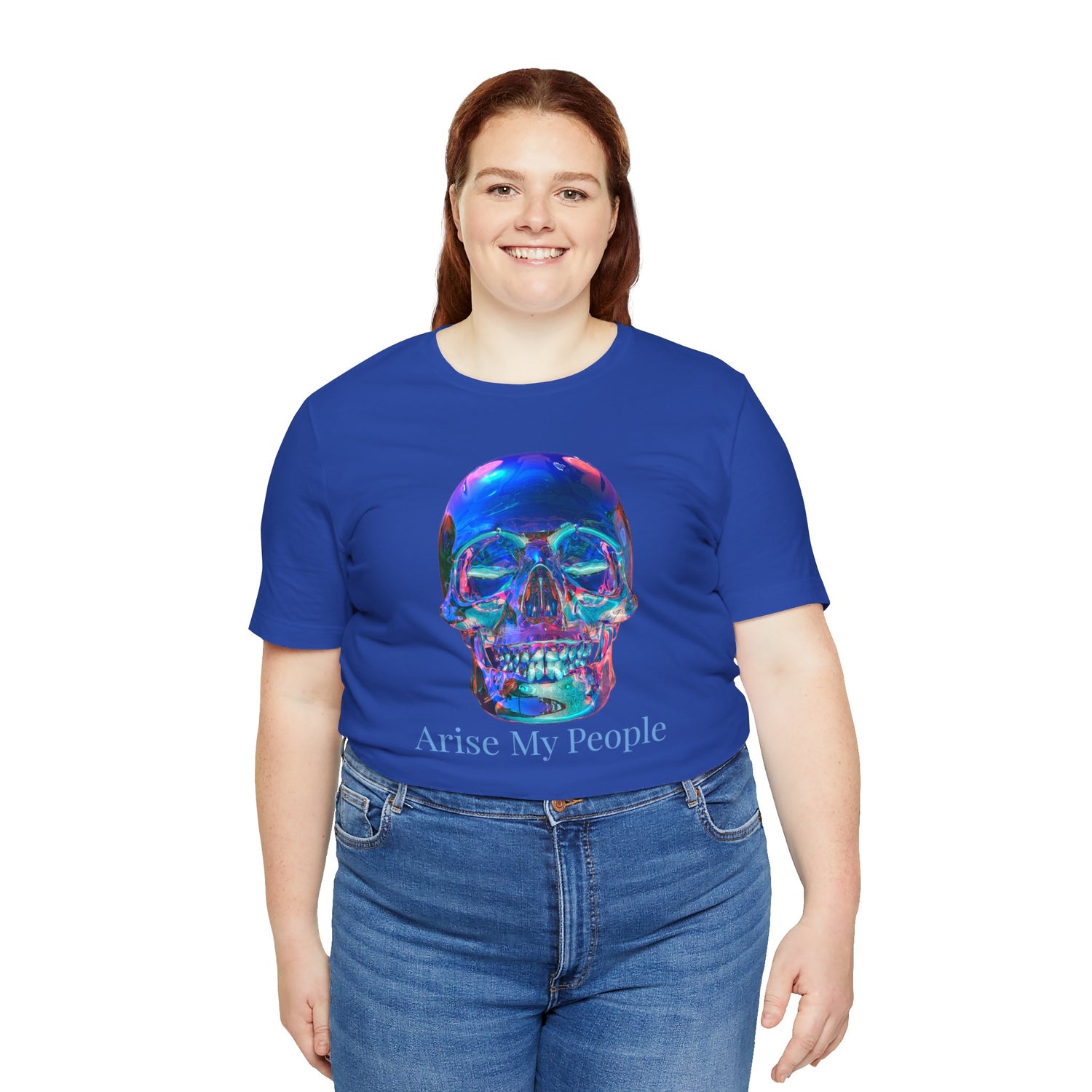 EZEKIEL 37 &quot;Arise My People&quot; Crystal Head Skull Face Design Image- Unisex Jersey Sleeve Tee (Front Side Crystal Head Skull Face Design Image W/ &quot;Arise My People&quot; Light Blue Letter Print- Back Side Kngdom Logo)