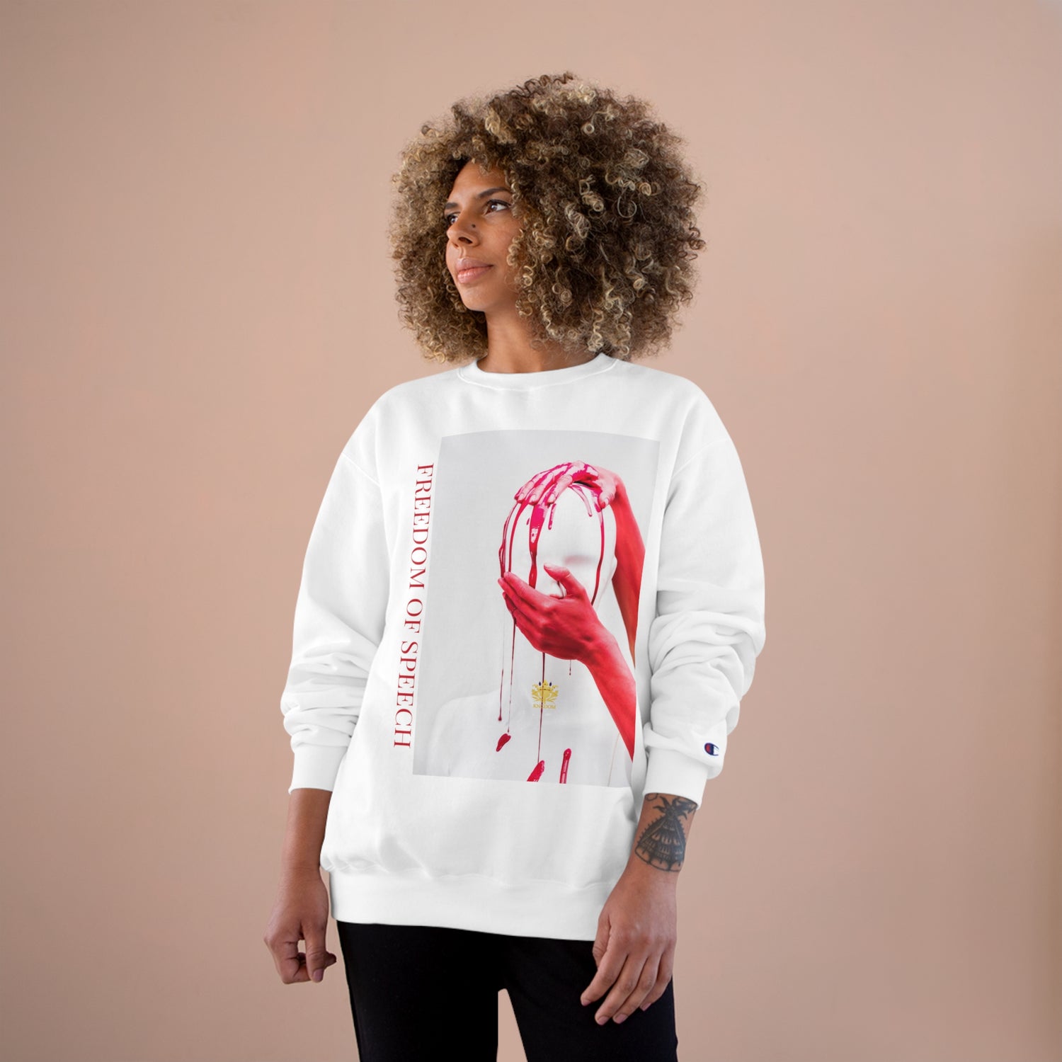 WE ARE AMERICA &quot; Freedom Of Speech&quot; (THE BLOOD OF THE MARTYRS) - &quot;Hand on Head &amp; Mouth&quot; Unisex Champion Sweatshirt (&quot;Freedom Of Speech&quot;) Letter Print W/ Kngdom Logo